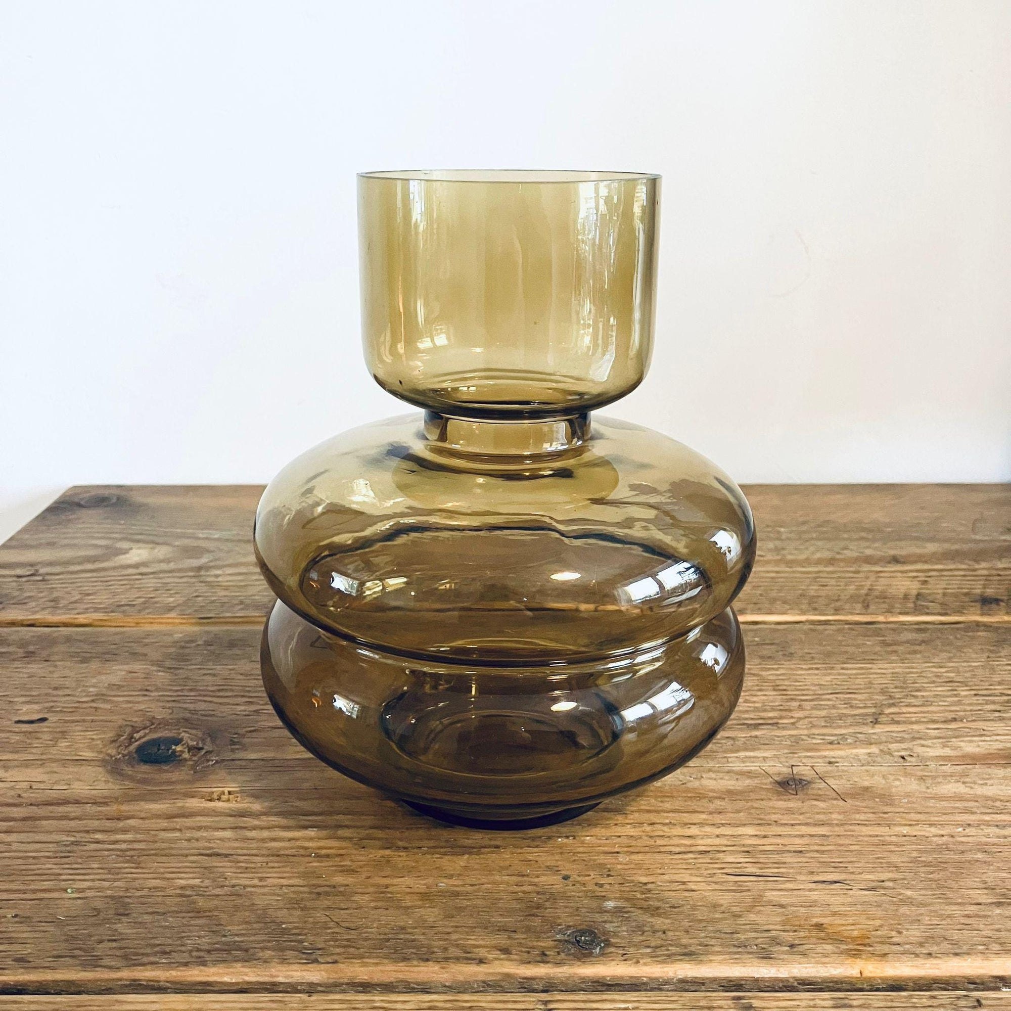 70s Inspired Glass Tubular Vase Dark Yellow Brown Retro Gift 20cm