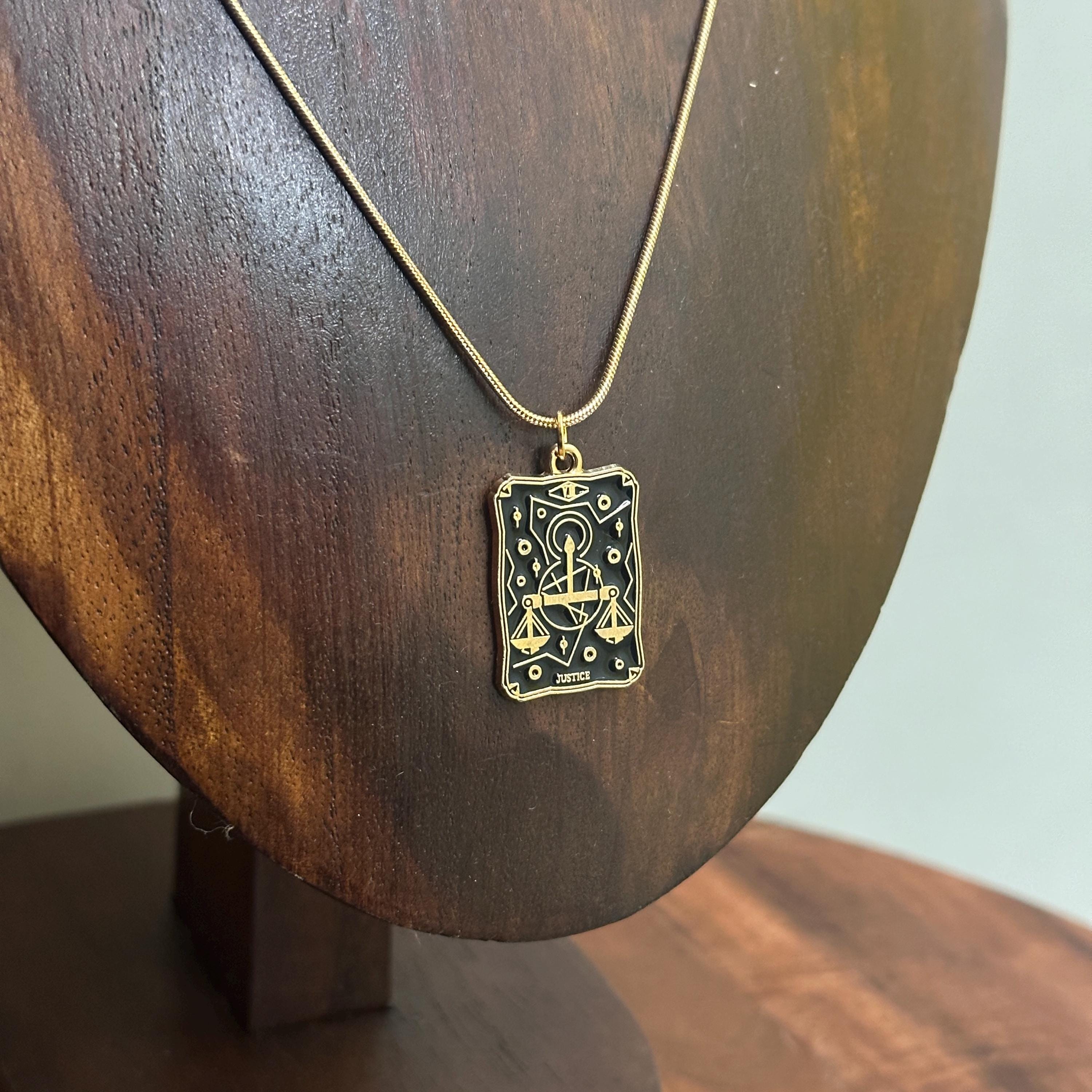 Vintage Justice Tarot Card Pendant Necklace Gold Tone Snake Chain Lucky Gift