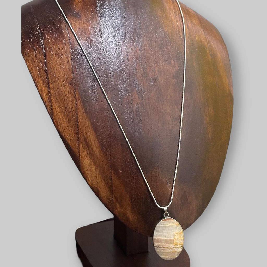 Vintage Statement Yellow Calcite Gemstone Pendant Necklace Stone Silver Tone Snake Chain