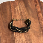 Vintage Unique Chunky Black/Gold Woven Braid Cuff Bracelet Gift