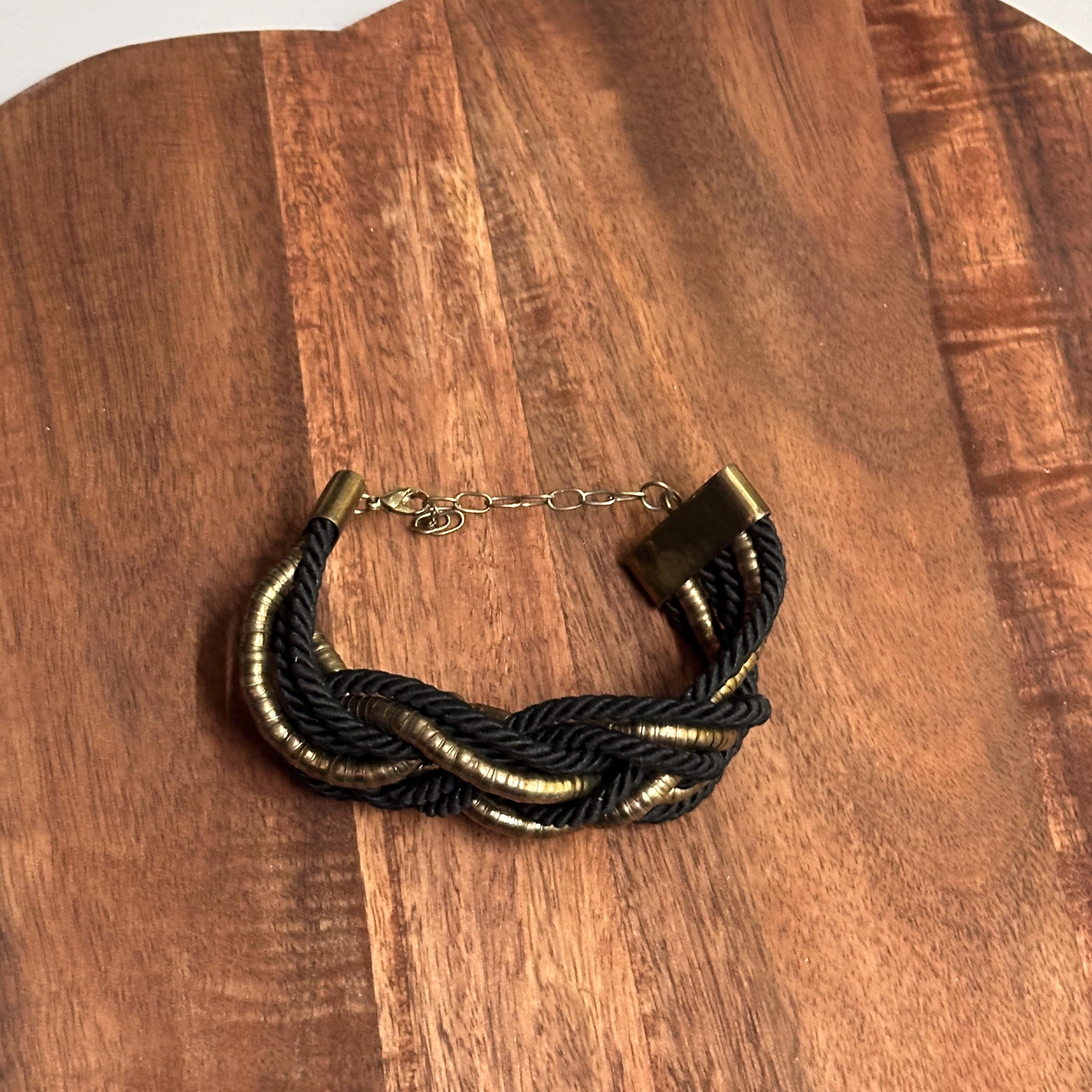 Vintage Unique Chunky Black/Gold Woven Braid Cuff Bracelet Gift