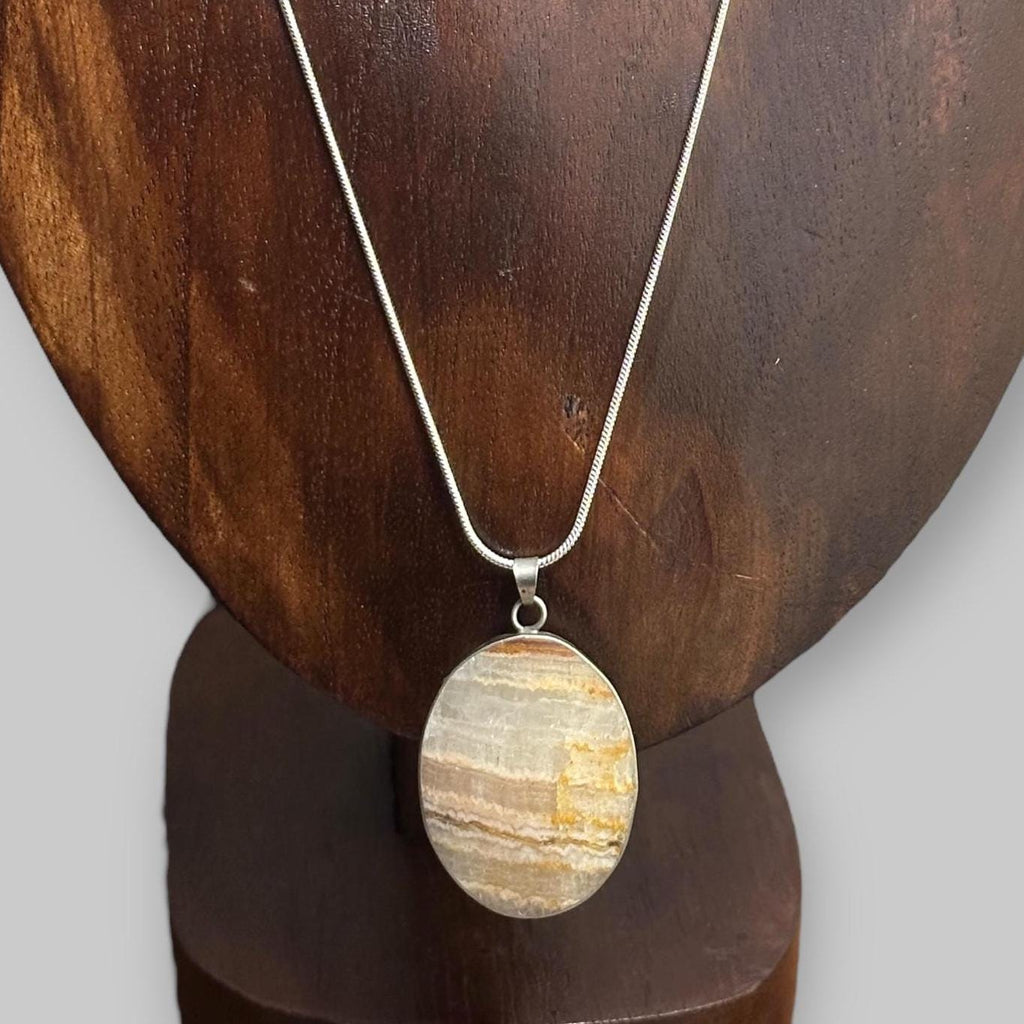 Vintage Statement Yellow Calcite Gemstone Pendant Necklace Stone Silver Tone Snake Chain
