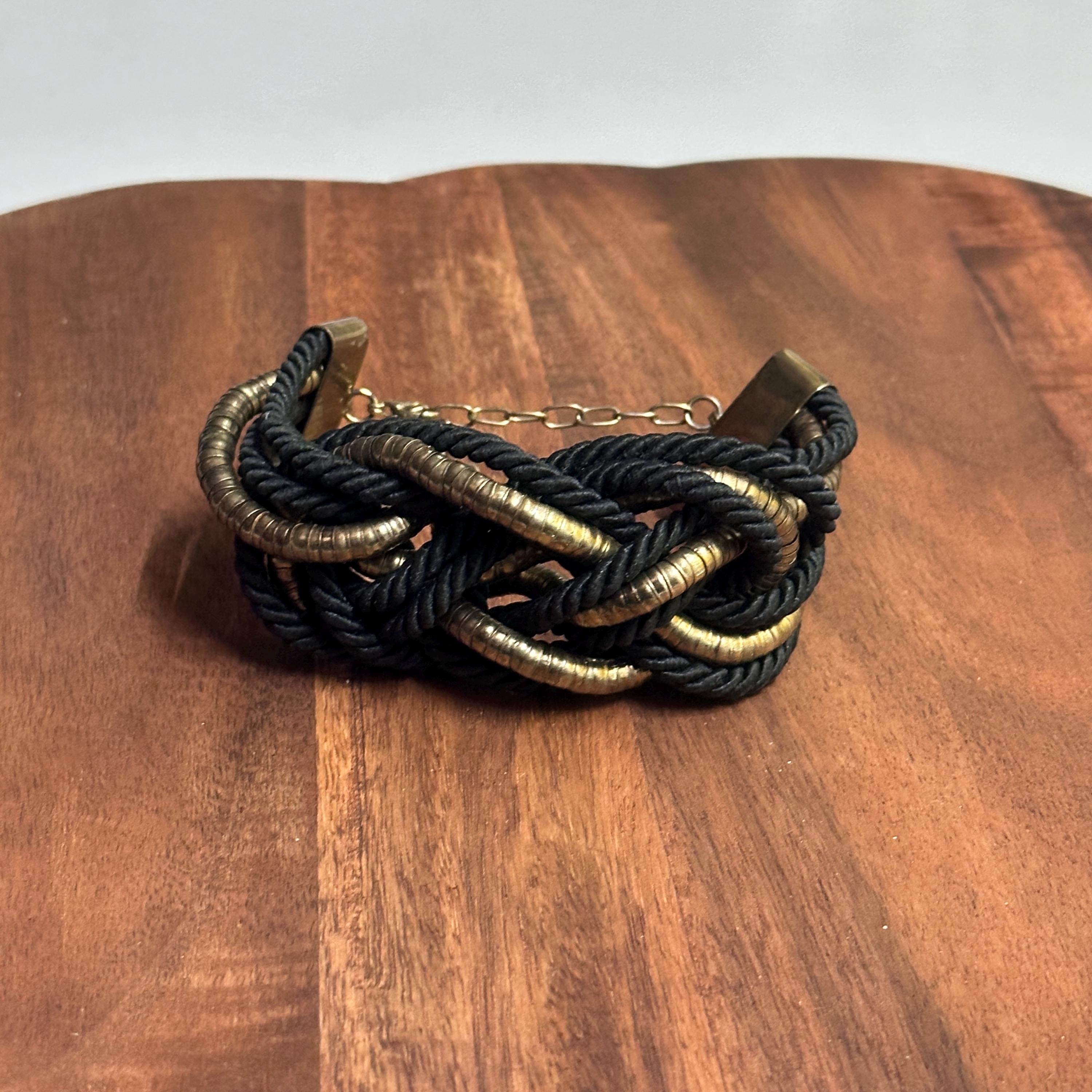 Vintage Unique Chunky Black/Gold Woven Braid Cuff Bracelet Gift
