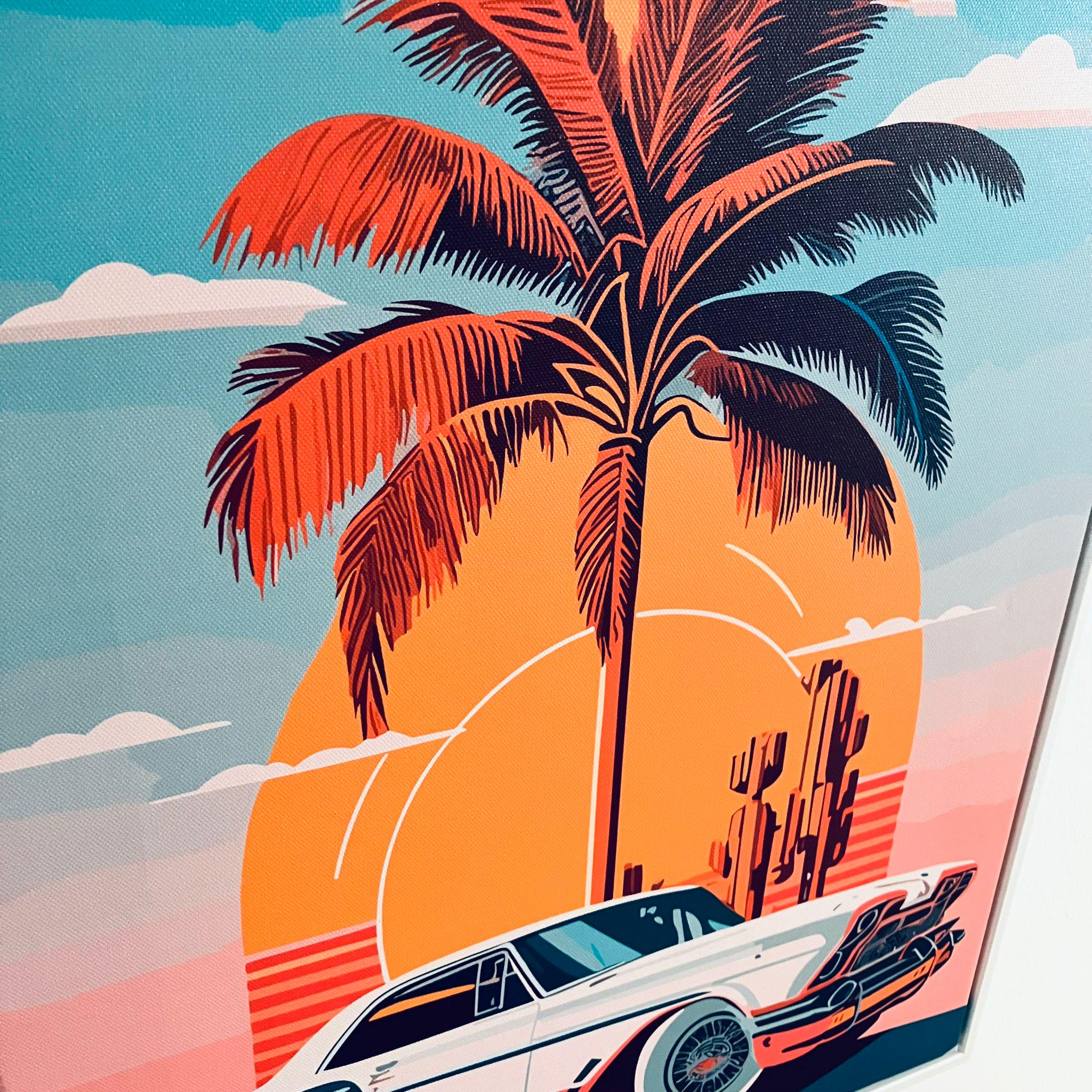 Framed Classic Retro Muscle Car Print Sunset Palm Scene California Gift 50cm