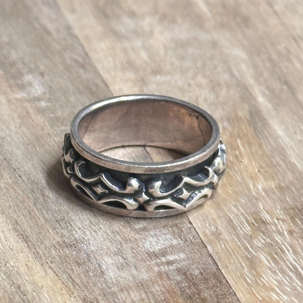 Vintage Tribal 925 Sterling Silver Abstract Ring Gothic Spinner Unisex - Size T 1/2