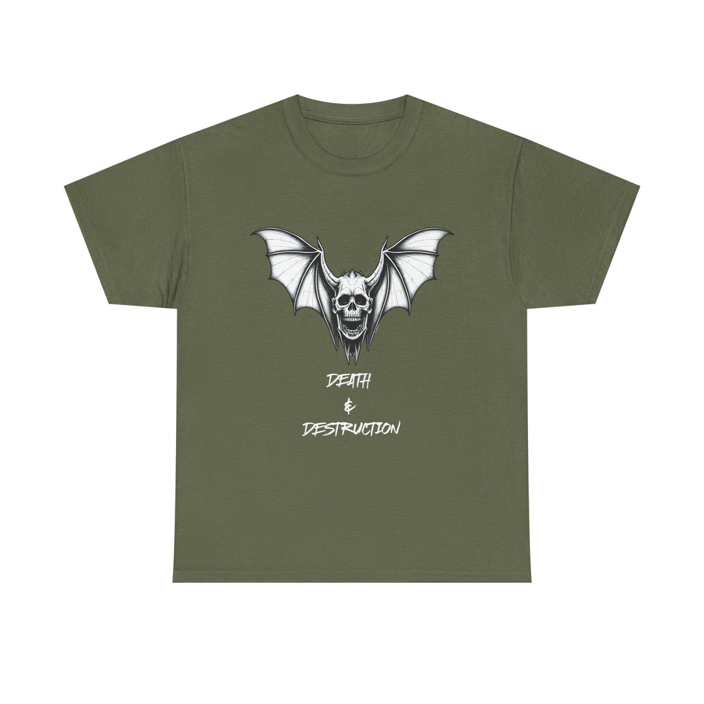 Death & Destruction Bat Skull Printed T-Shirt 100% Cotton Goth Biker Halloween Tee