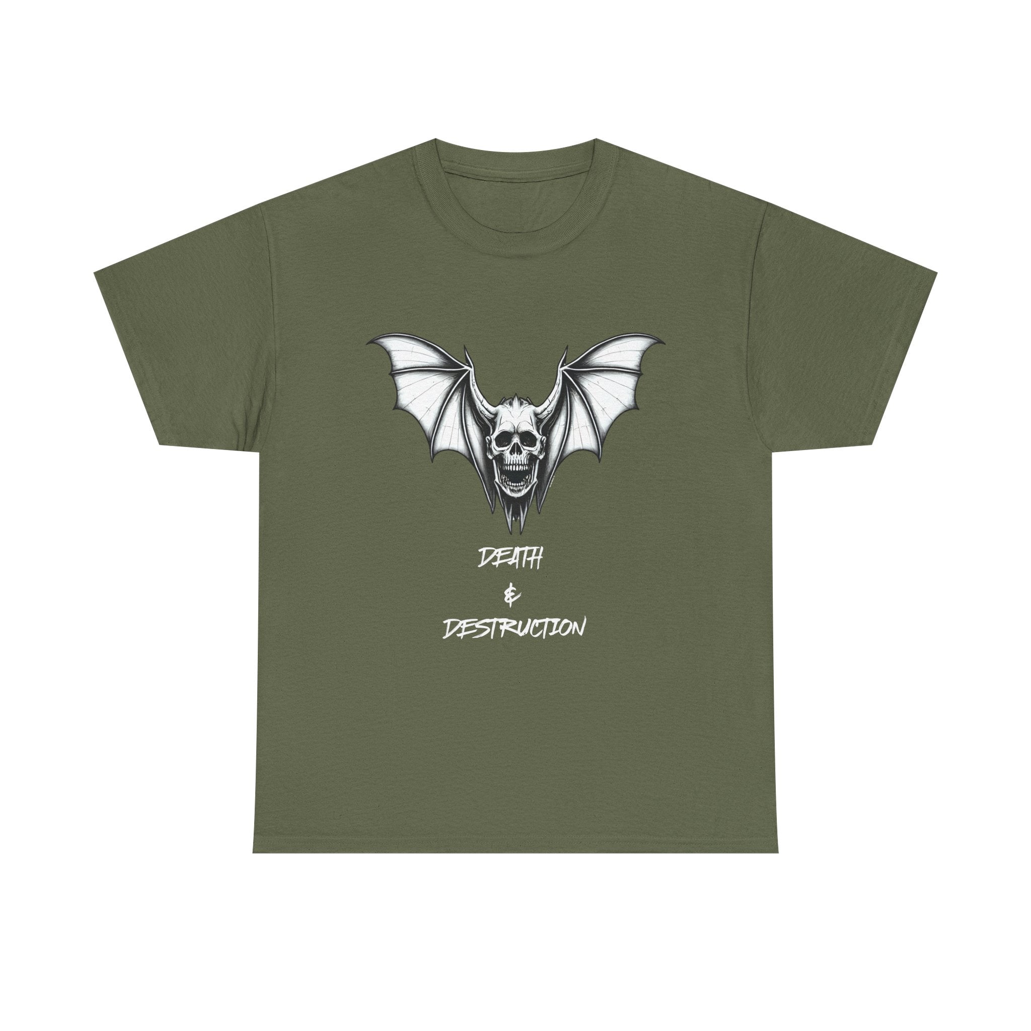 Death & Destruction Bat Skull Printed T-Shirt 100% Cotton Goth Biker Halloween Tee