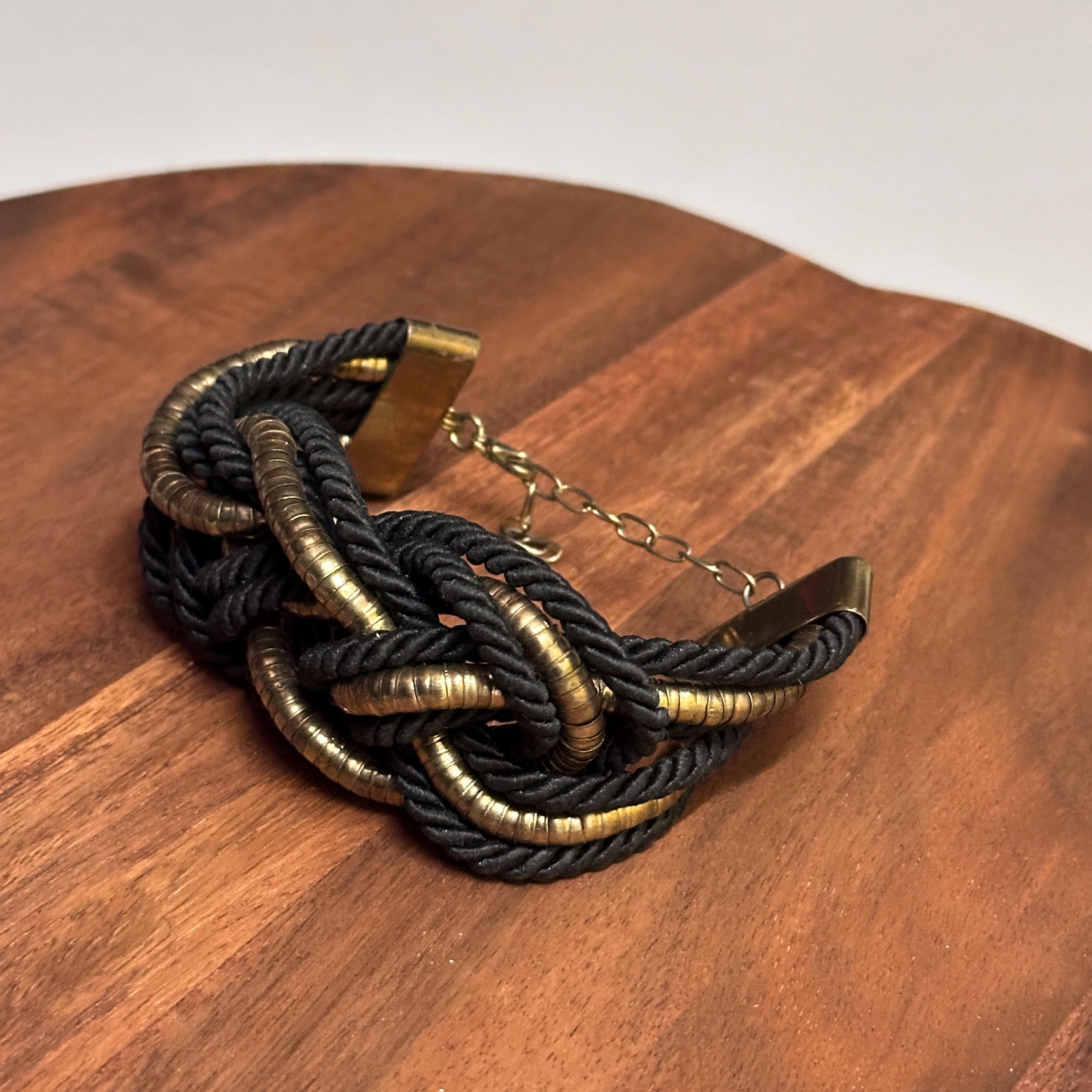 Vintage Unique Chunky Black/Gold Woven Braid Cuff Bracelet Gift