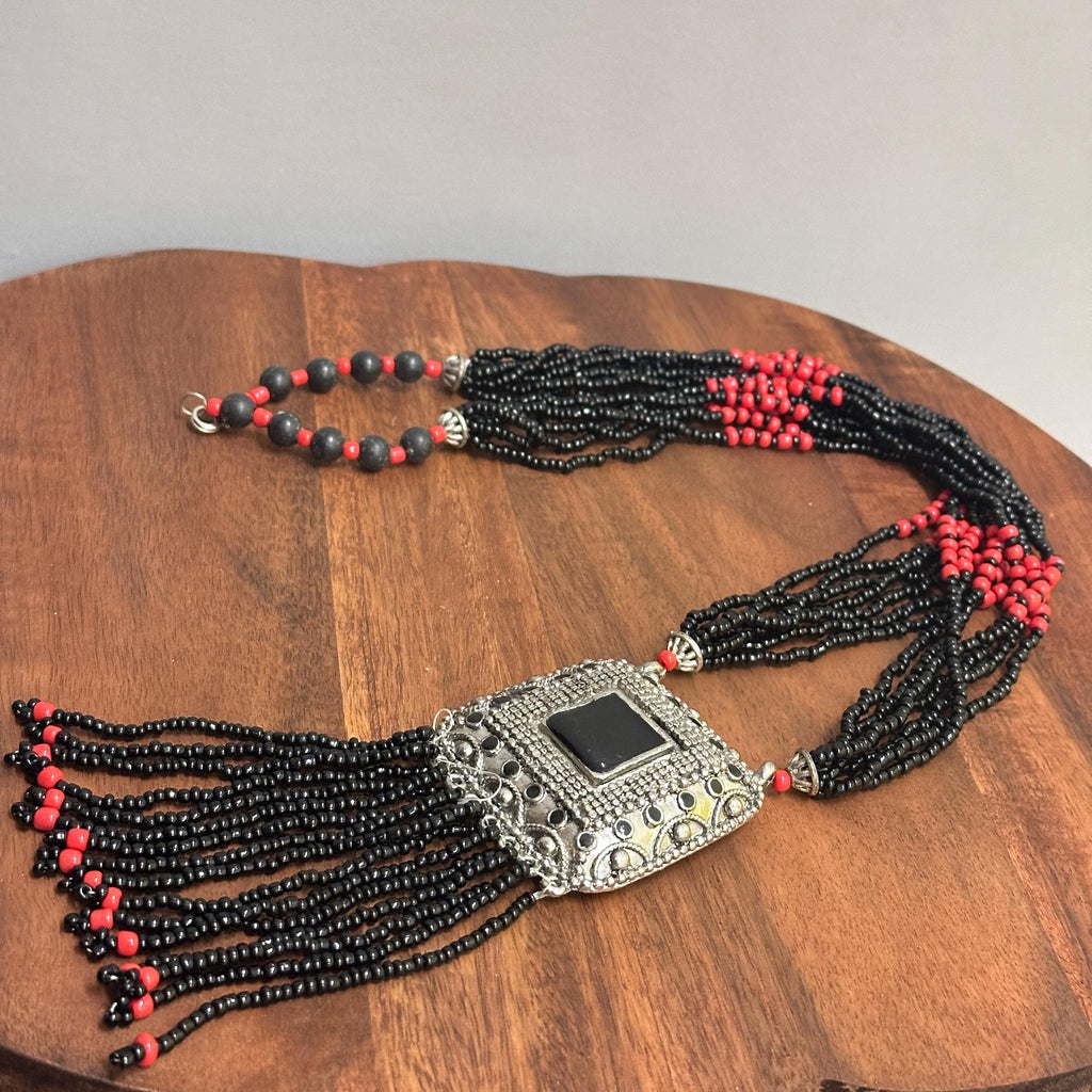 Vintage Handmade Heavy Tribal Shield Pendant Necklace Black Red Metal