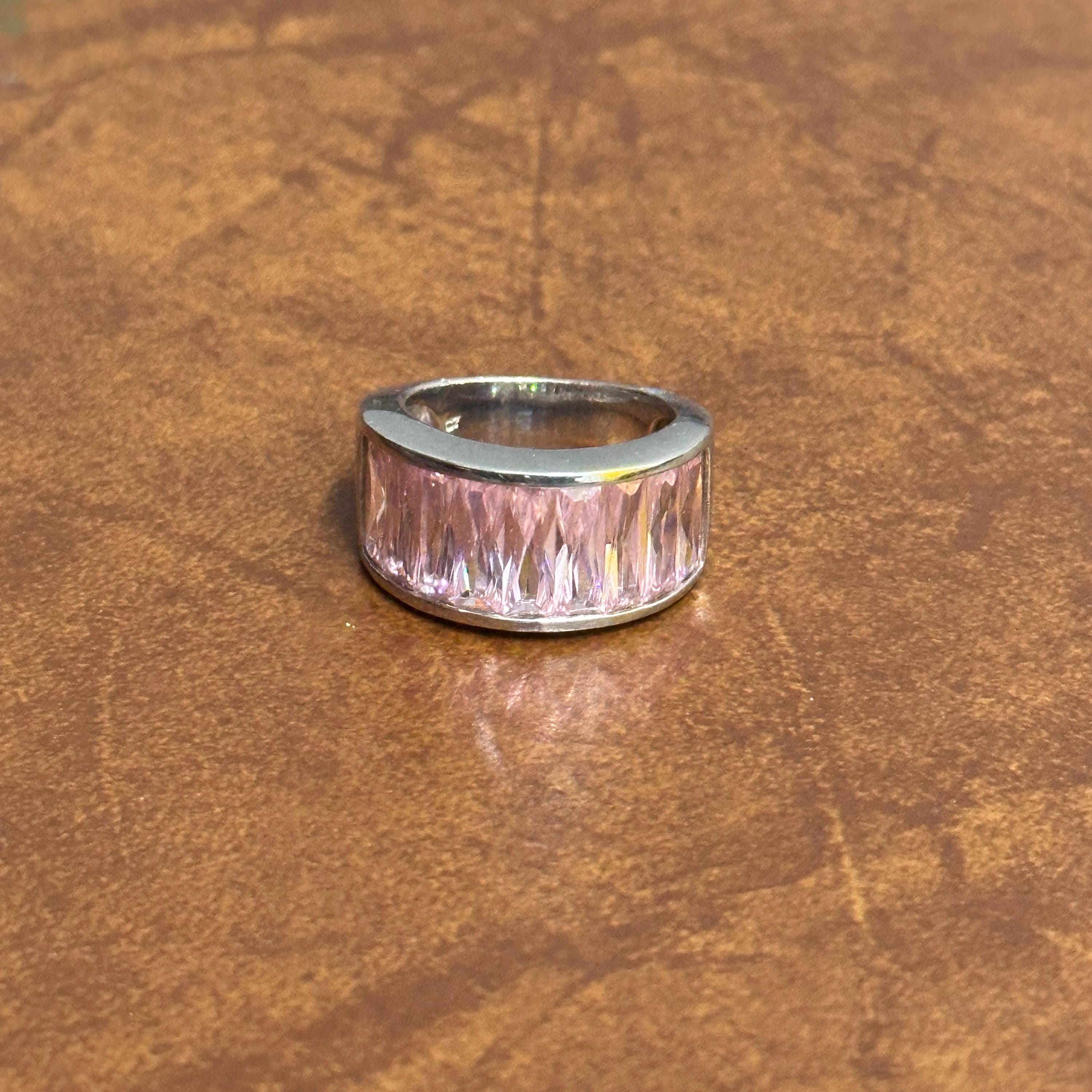 Vintage Chunky 925 Solid Silver Pale Pink Gemstone Ring - Size M