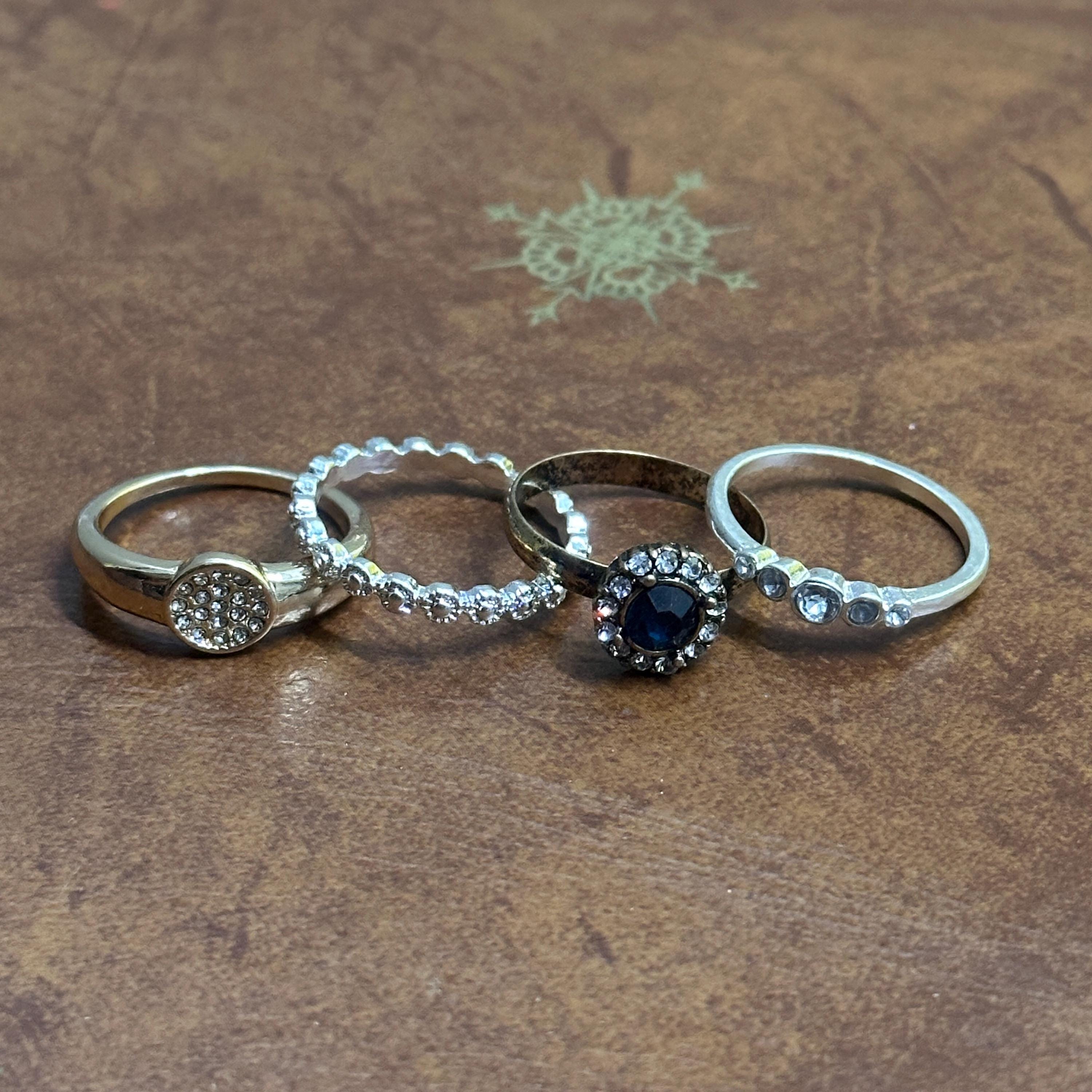 Vintage Stackable Gemstone Ring Collection Bundle Silver/Gold Tone 4 Pieces Costume Jewellery - Size