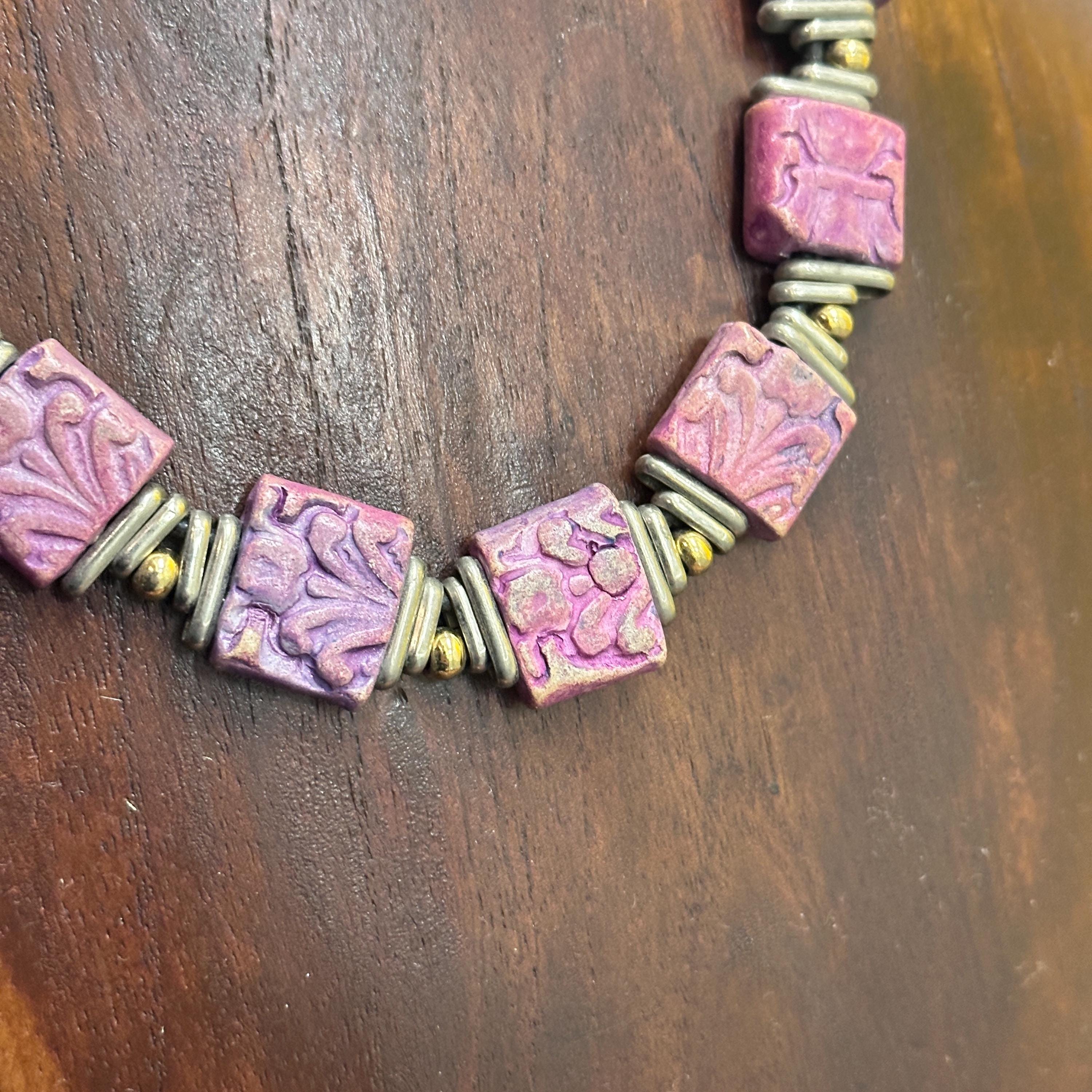 Vintage Unique Square Hand Painted Beaded Necklace Tribal Costume Jewellery