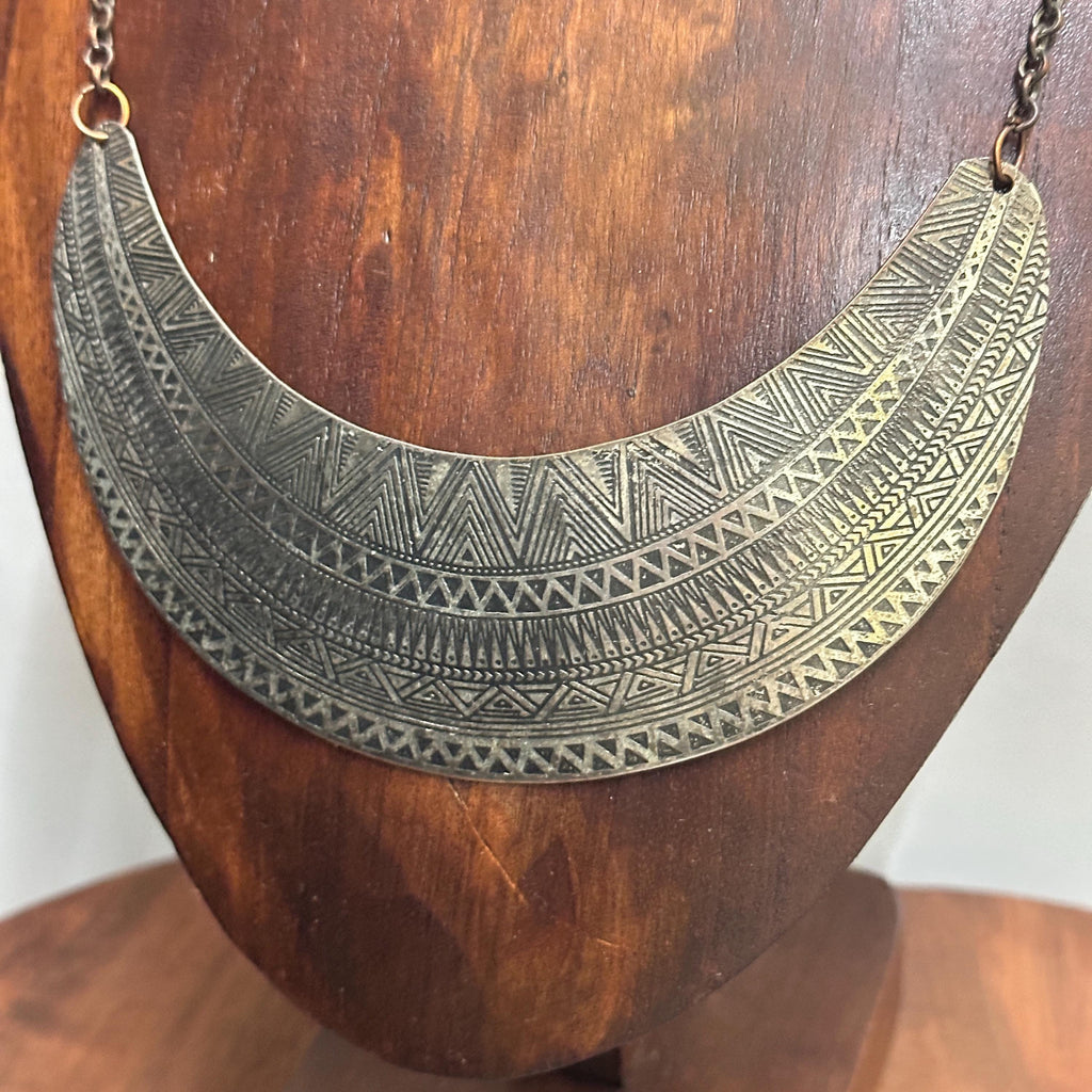 Vintage Unique Chunky Ethnic Aztec Tribal Patterned Half Moon Disc Necklace
