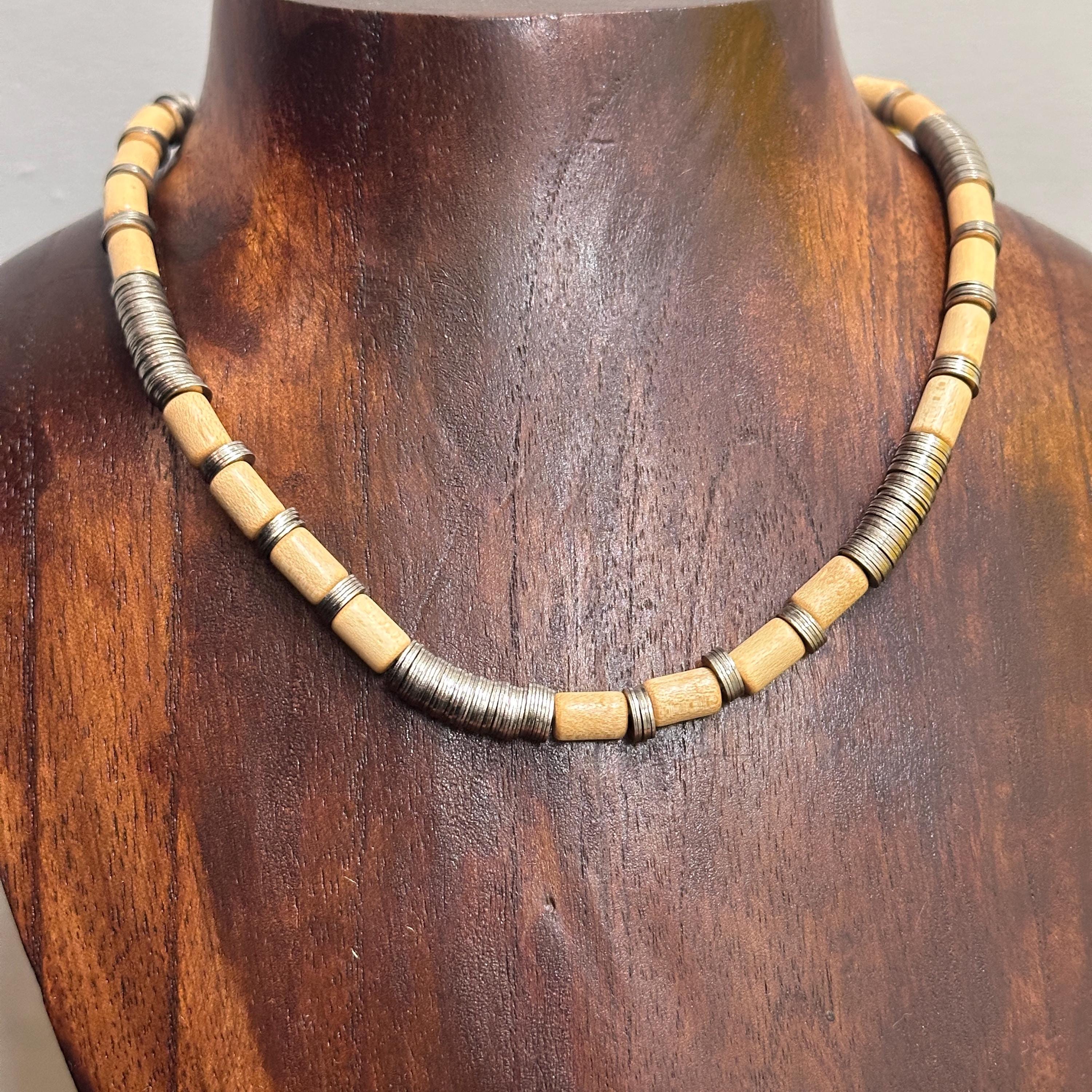 Vintage Chunky Hippie Boho Tribal Cream Wooden Bead Necklace Stretch Unique Gift