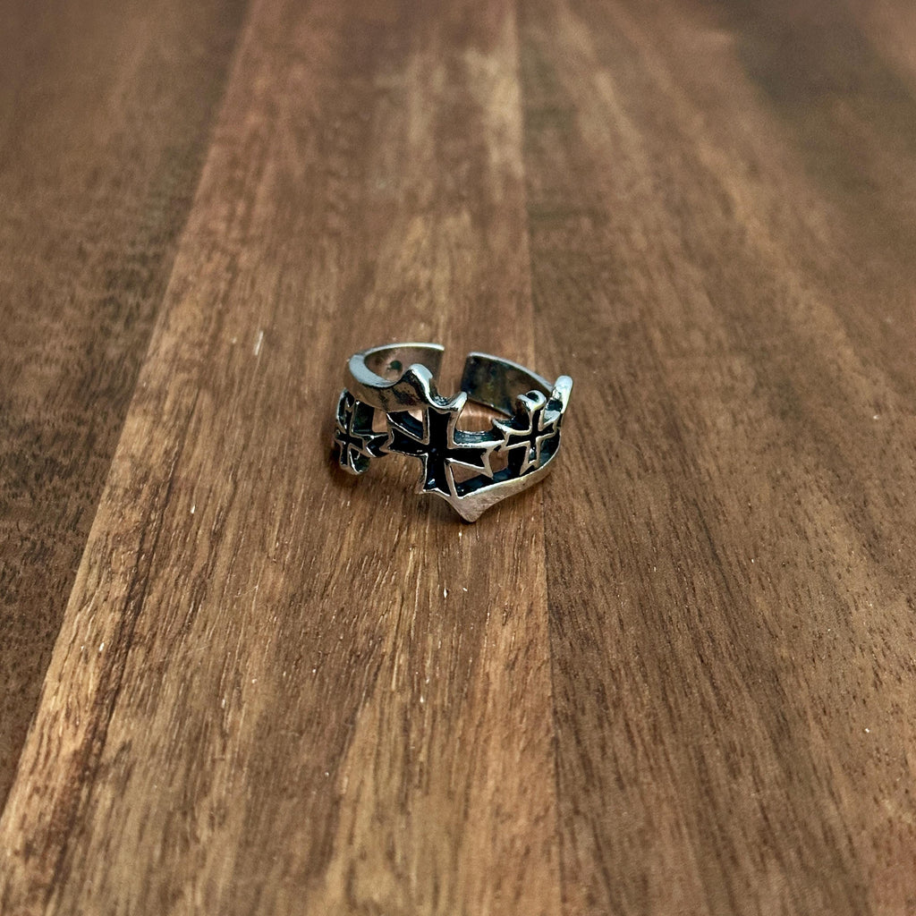 Unique Gothic Knights Templar Black Iron Cross Ring Silver Tone Adjustable - Size T