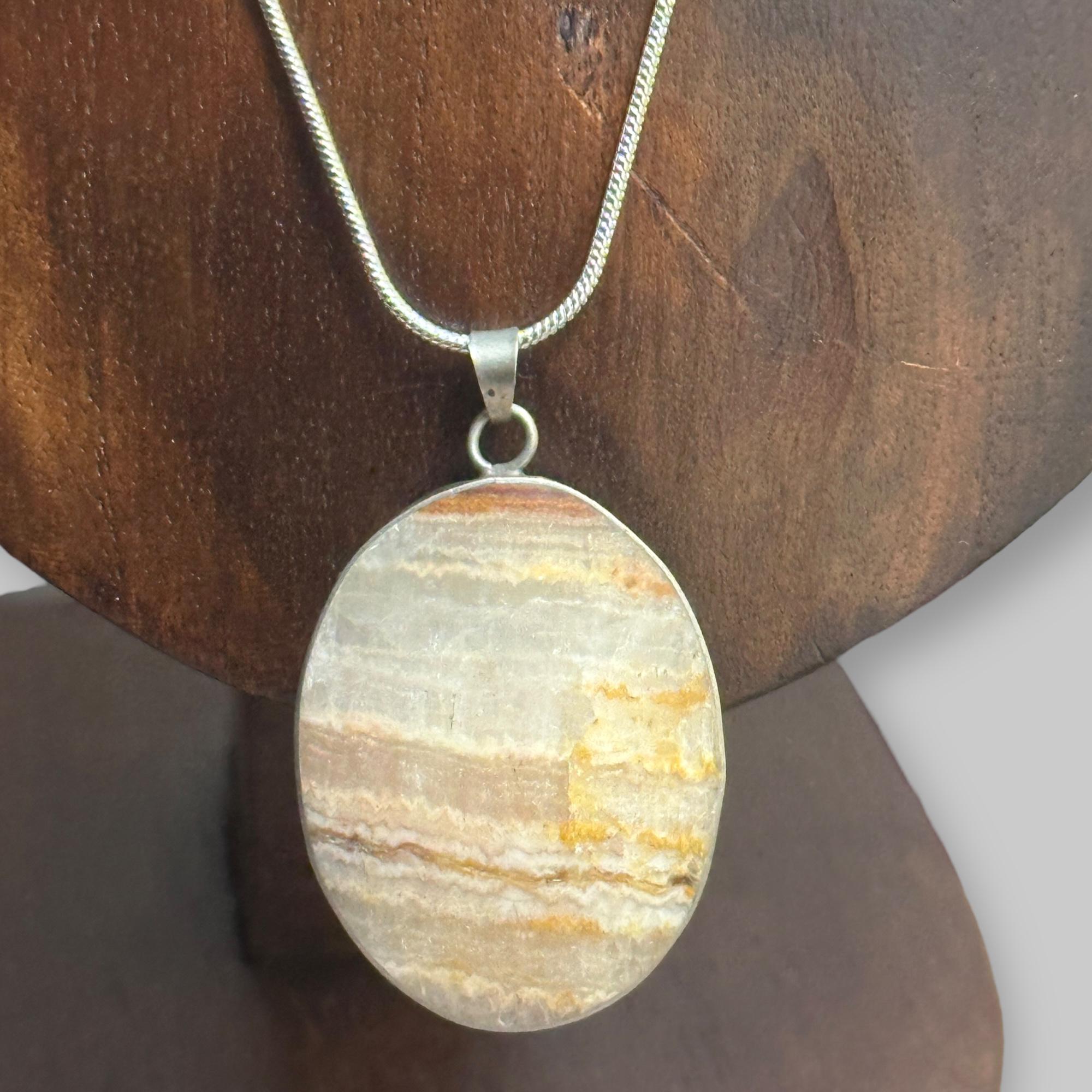 Vintage Statement Yellow Calcite Gemstone Pendant Necklace Stone Silver Tone Snake Chain