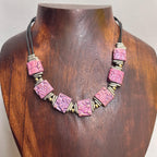 Vintage Unique Square Hand Painted Beaded Necklace Tribal Costume Jewellery