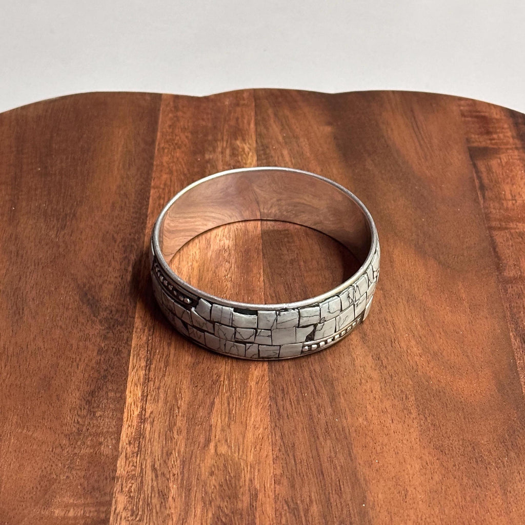 Vintage Wall/Tile Patterned Grunge Punk Metal Bangle Bracelet Silver Grey