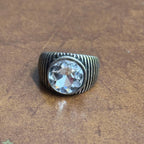 Vintage Chunky Clear Gemstone Statement Ring Silver Tone - Size Q 1/2