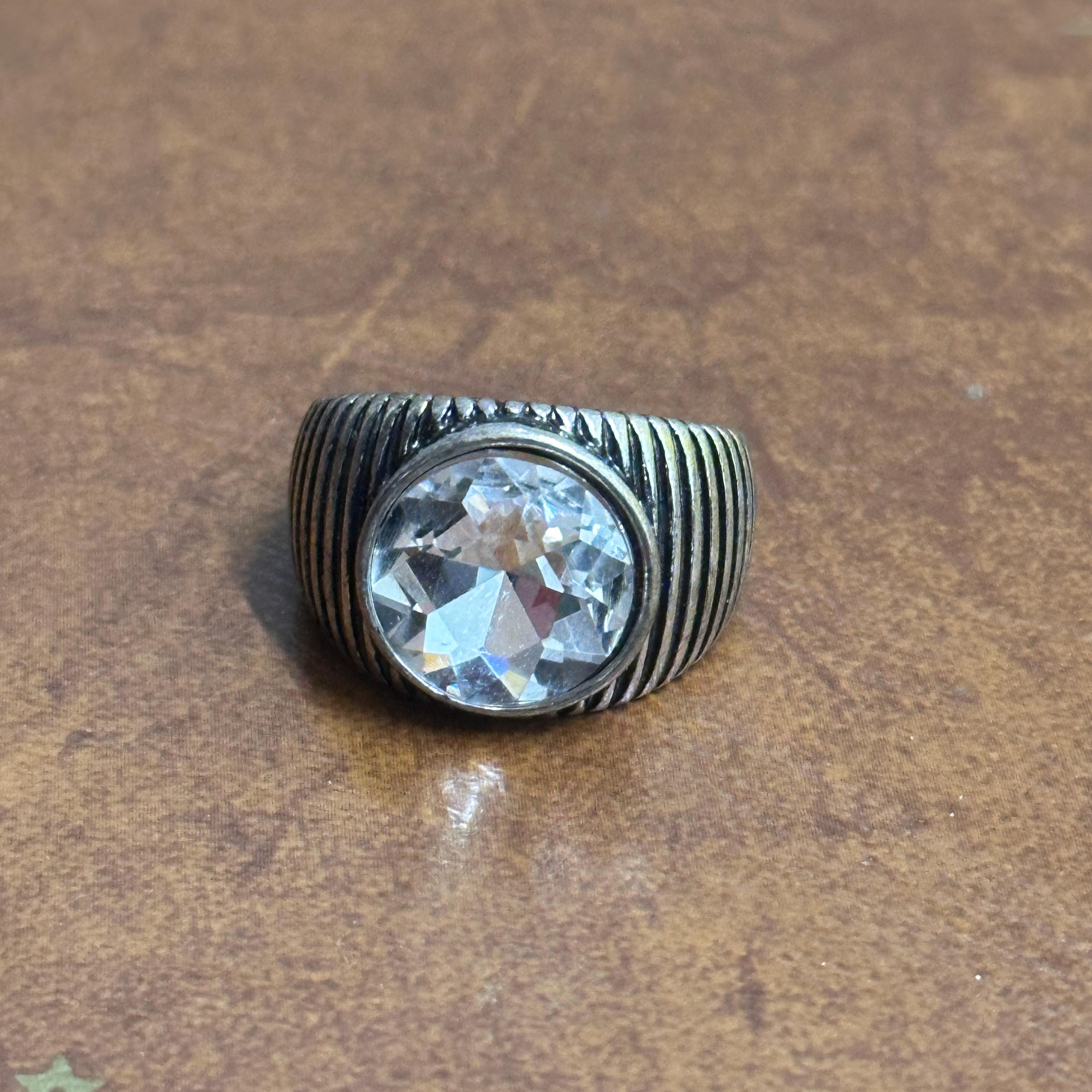 Vintage Chunky Clear Gemstone Statement Ring Silver Tone - Size Q 1/2