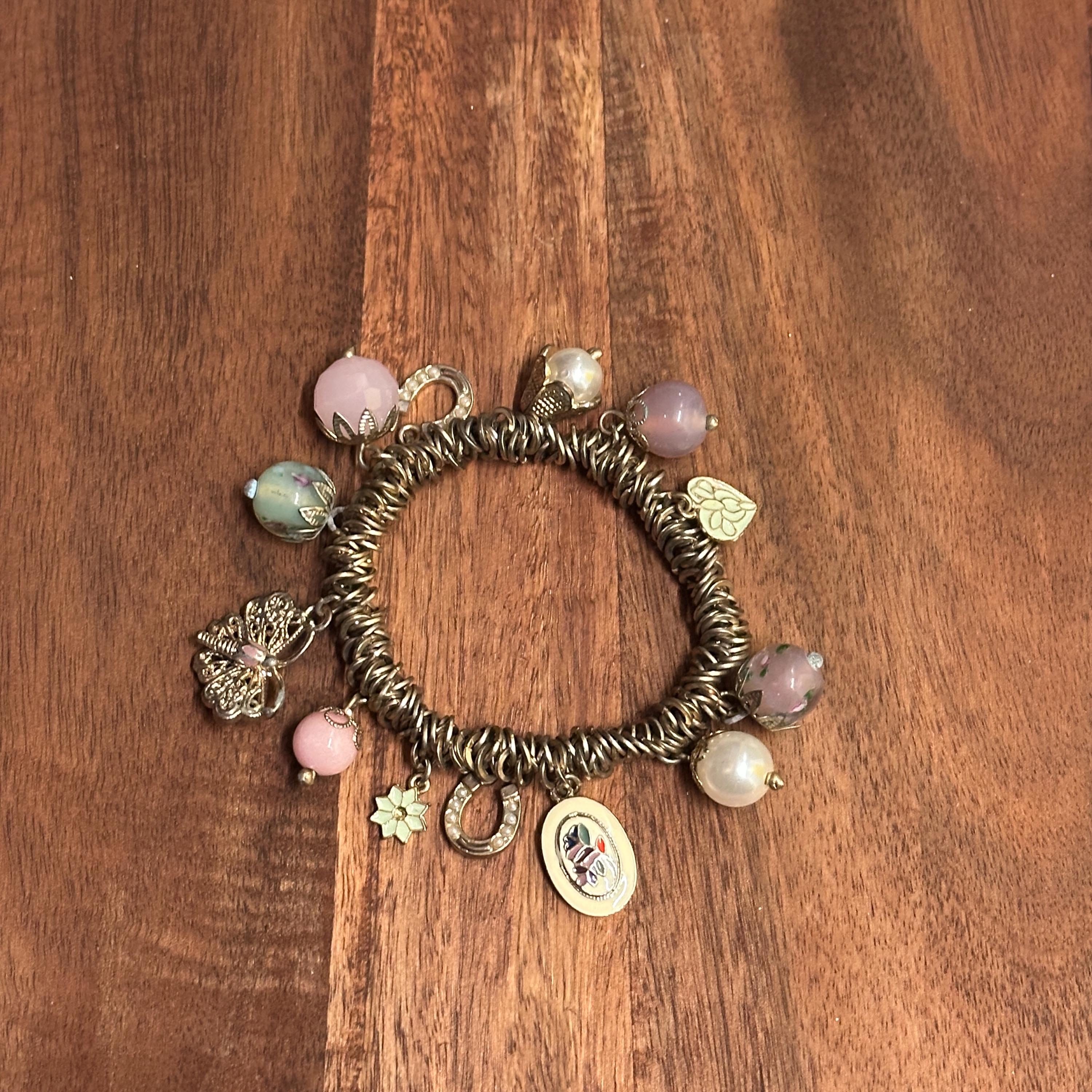 Vintage Pretty Pink/Green Gold Tone Charm Bracelet Unique Gift