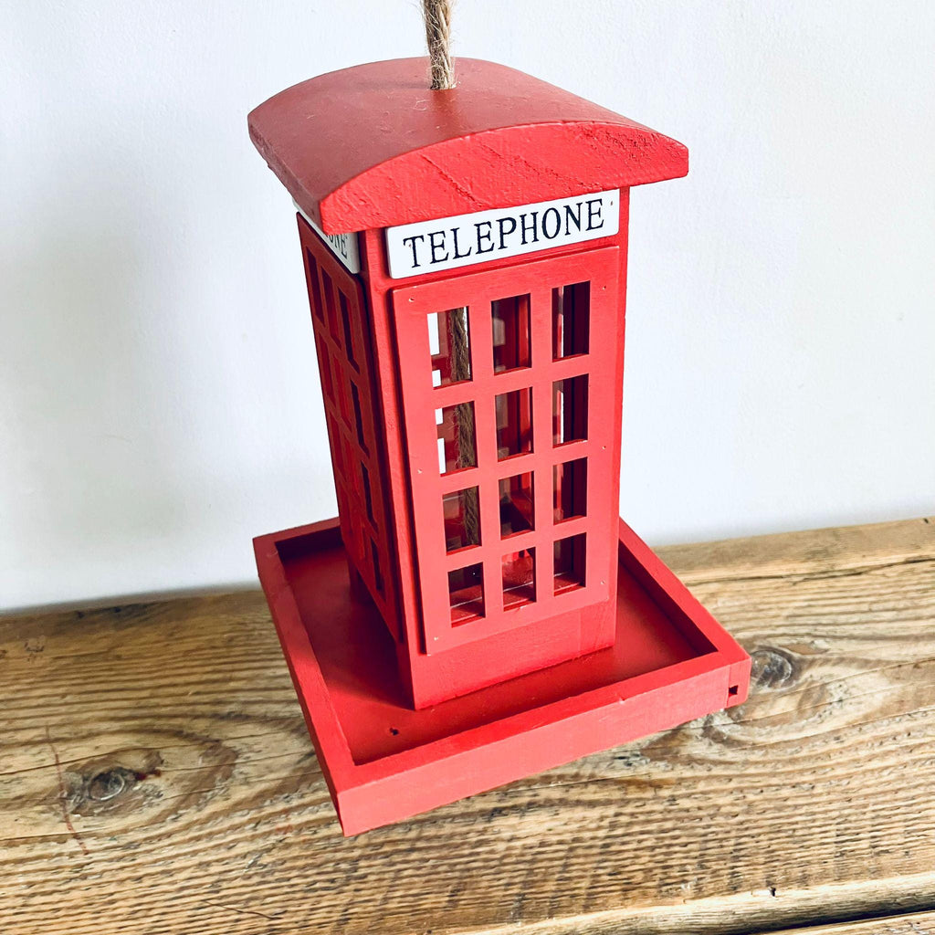 Red Wooden Telephone Bird Box Vintage Style Hanging Bird Feeder 20cm