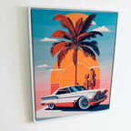 Framed Classic Retro Muscle Car Print Sunset Palm Scene California Gift 50cm