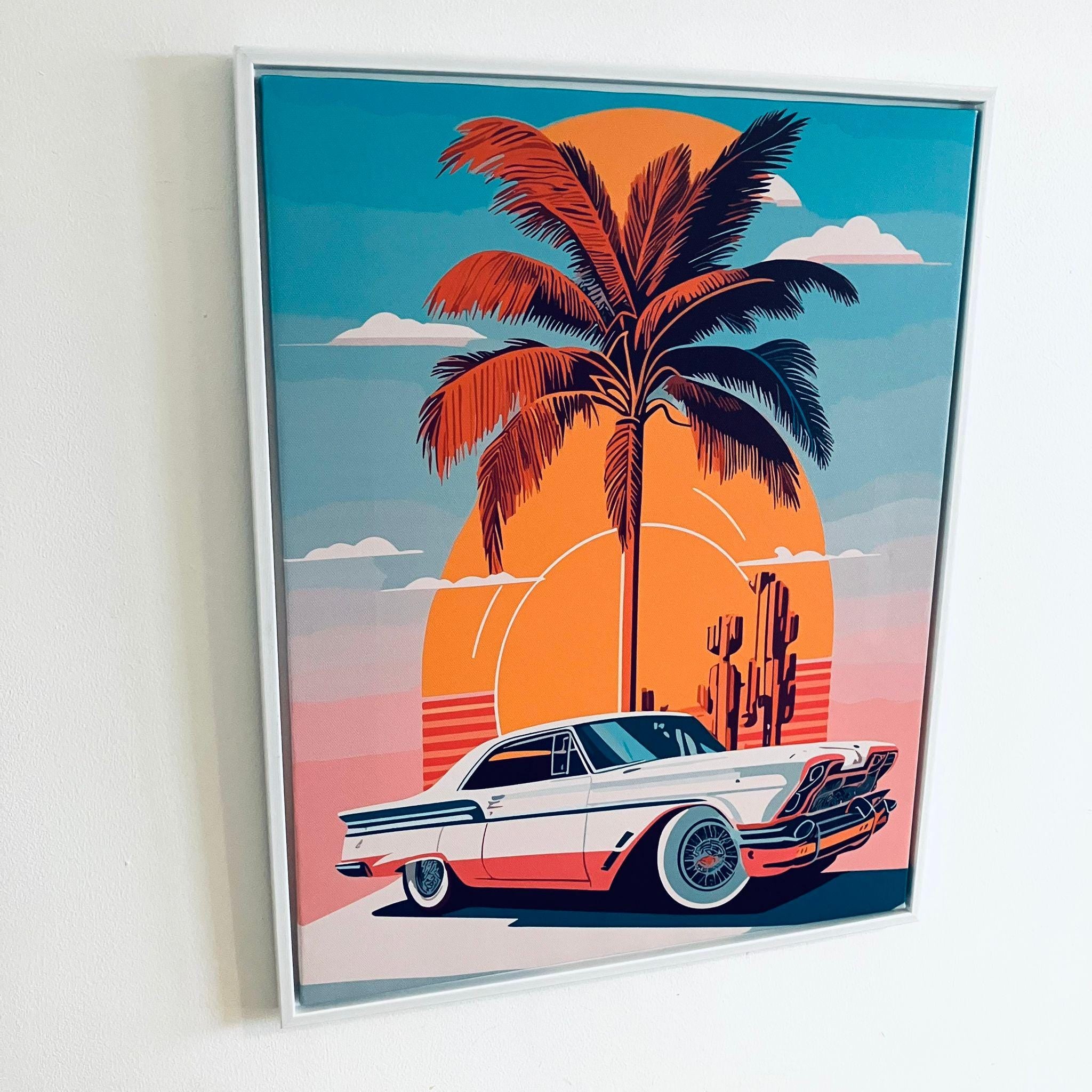 Framed Classic Retro Muscle Car Print Sunset Palm Scene California Gift 50cm