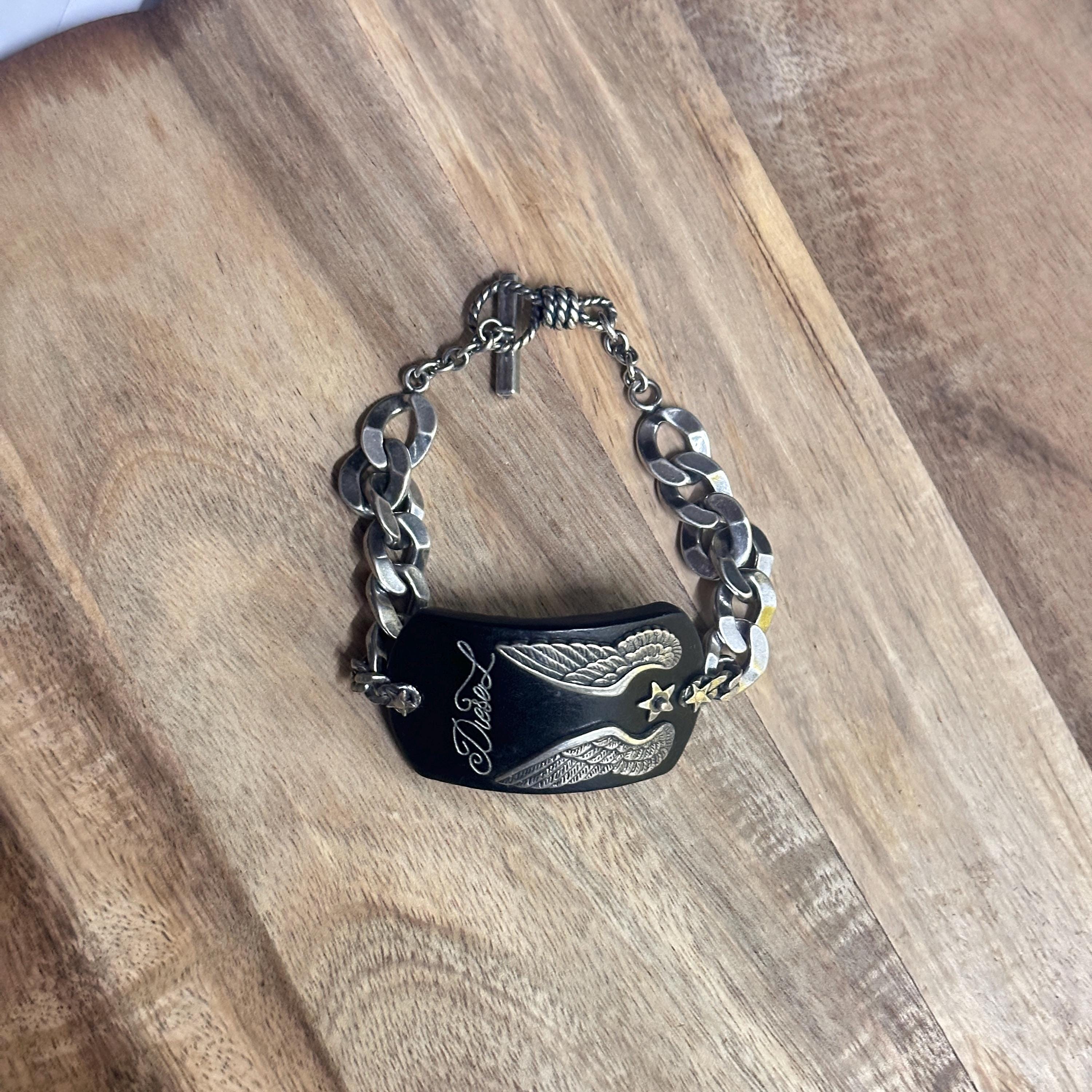 Vintage Rare Diesel Solid Silver Leather Curb Chain Bracelet Silver Wings Biker Grunge Gift