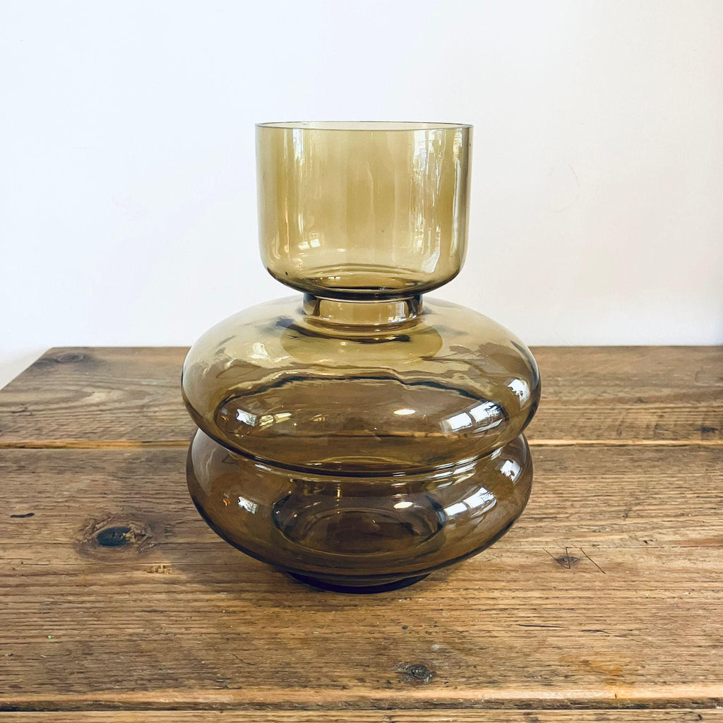 70s Inspired Glass Tubular Vase Dark Yellow Brown Retro Gift 20cm