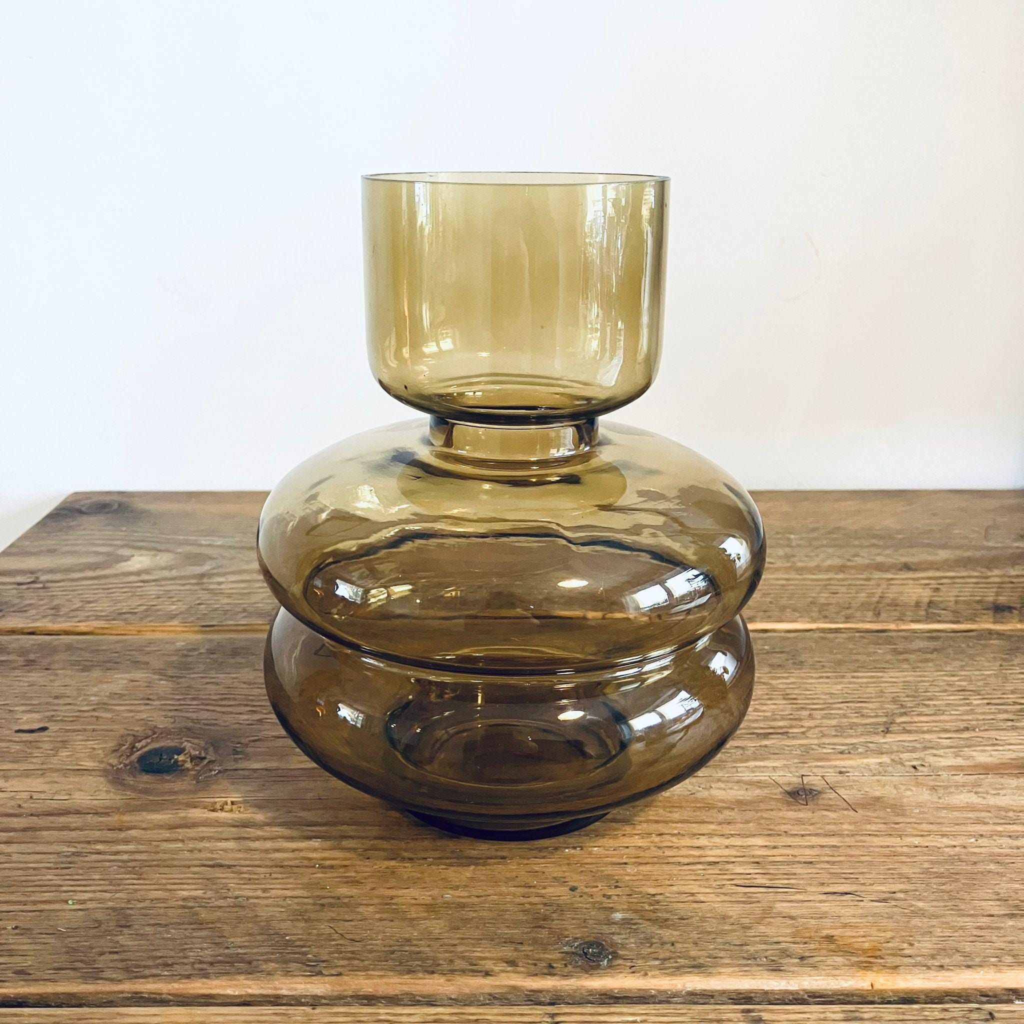 70s Inspired Glass Tubular Vase Dark Yellow Brown Retro Gift 20cm