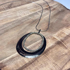 Vintage Large Oval Hoop Pendant Necklace Diamante Silver Grey Tone Costume Jewellery
