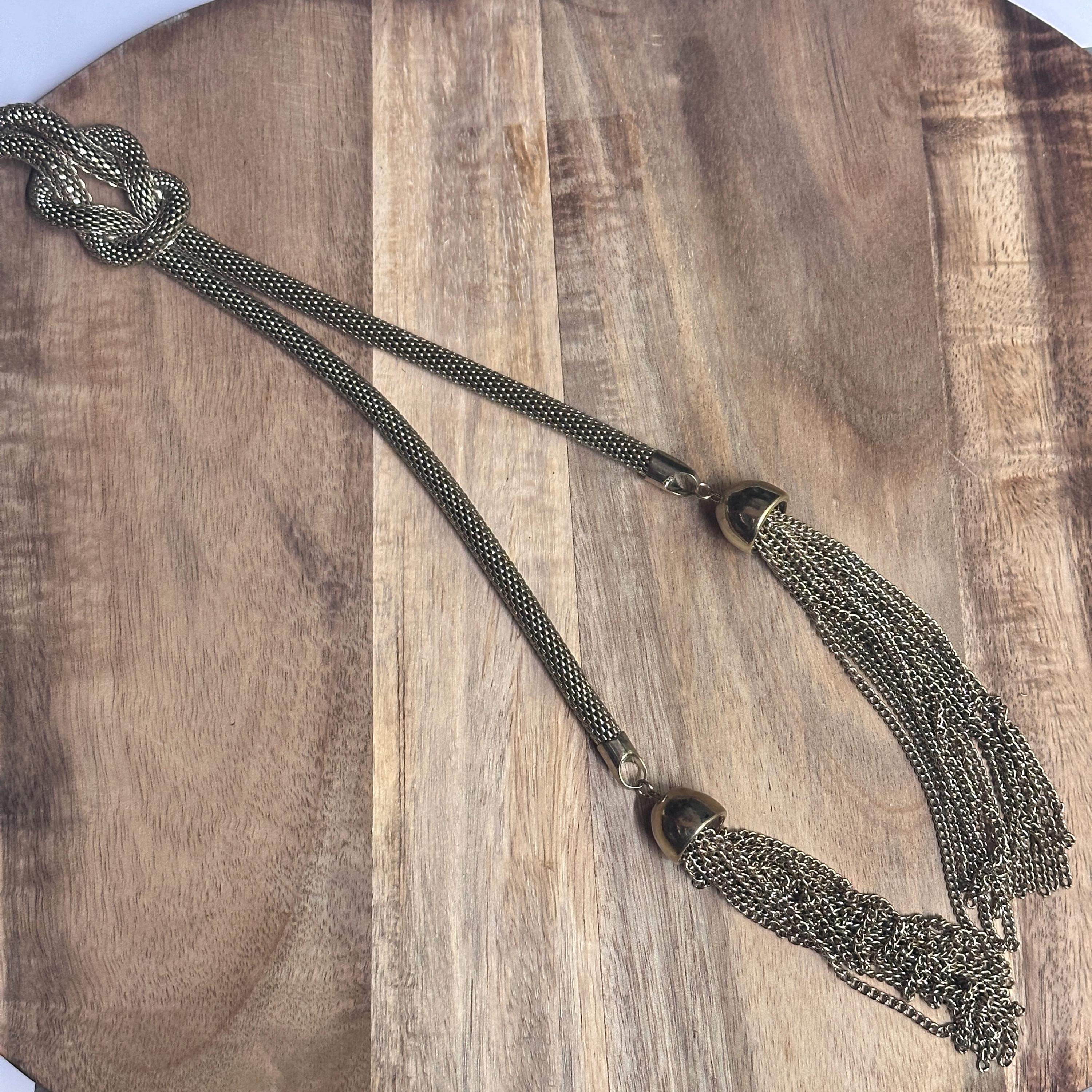 Vintage Ethnic Egyptian Style Serpent Gold Tone Tassel Knot Necklace Tribal Costume Jewellery