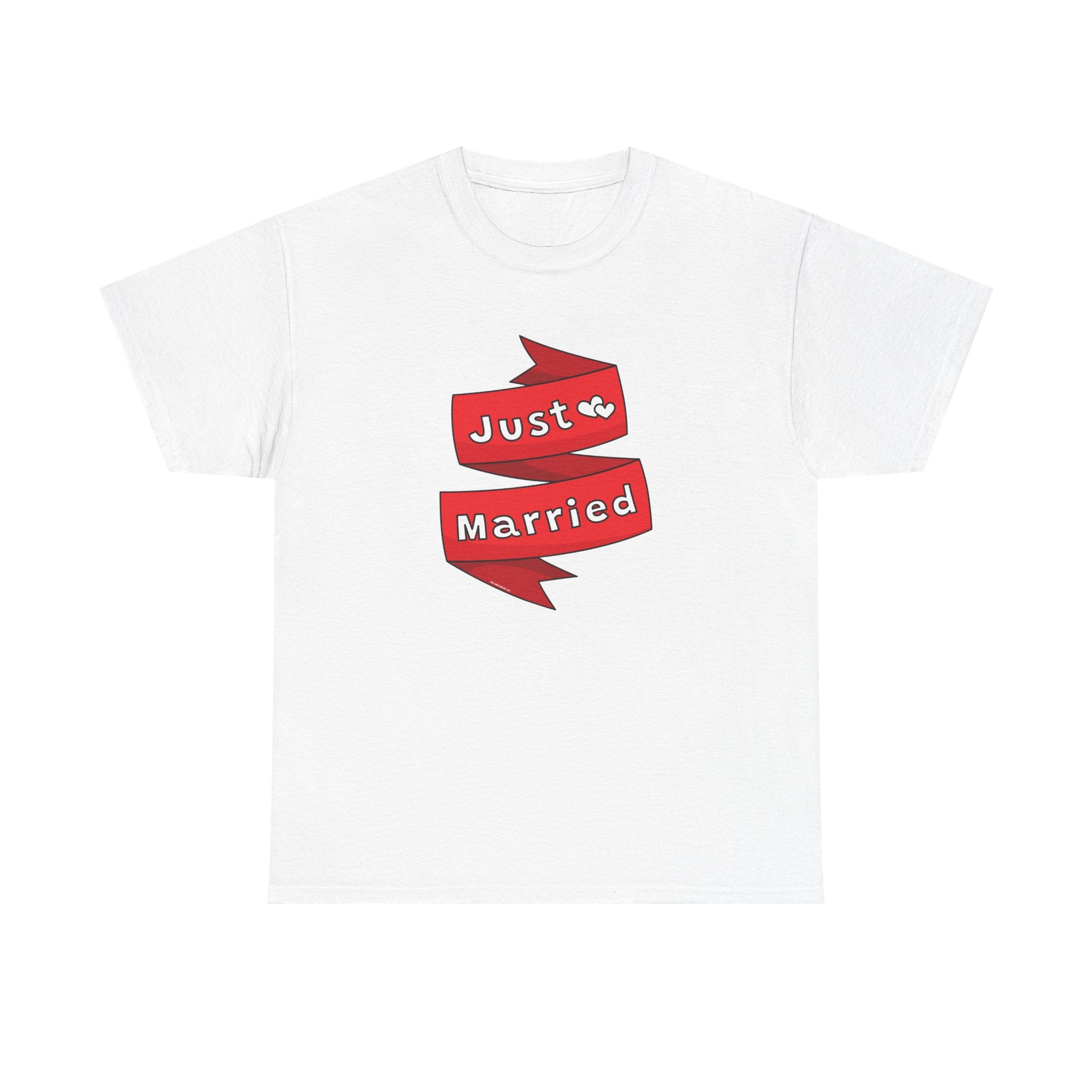 Just Married Red Ribbon Printed T-Shirt 100% Cotton Novelty Newly Wed Tee Gift