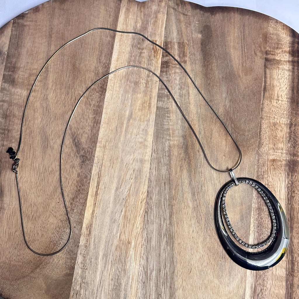 Vintage Large Oval Hoop Pendant Necklace Diamante Silver Grey Tone Costume Jewellery