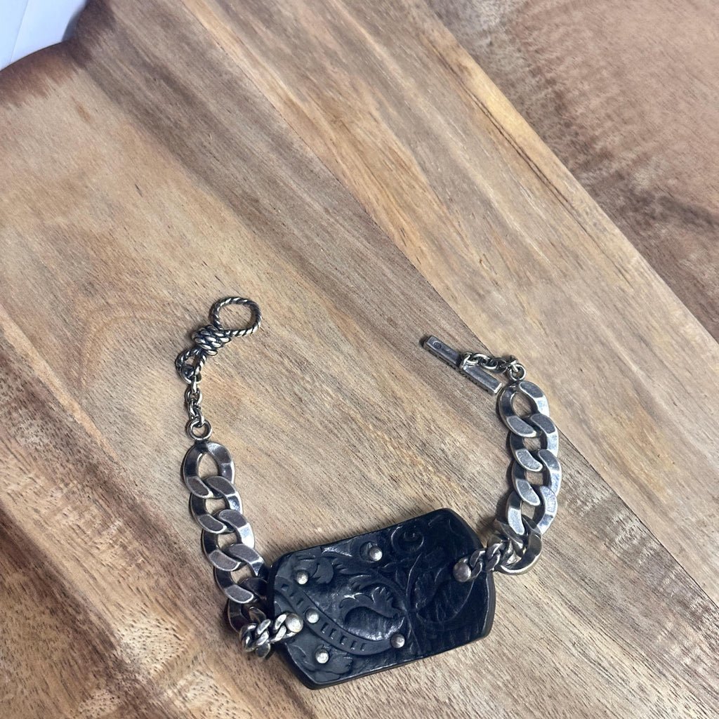 Vintage Rare Diesel Solid Silver Leather Curb Chain Bracelet Silver Wings Biker Grunge Gift