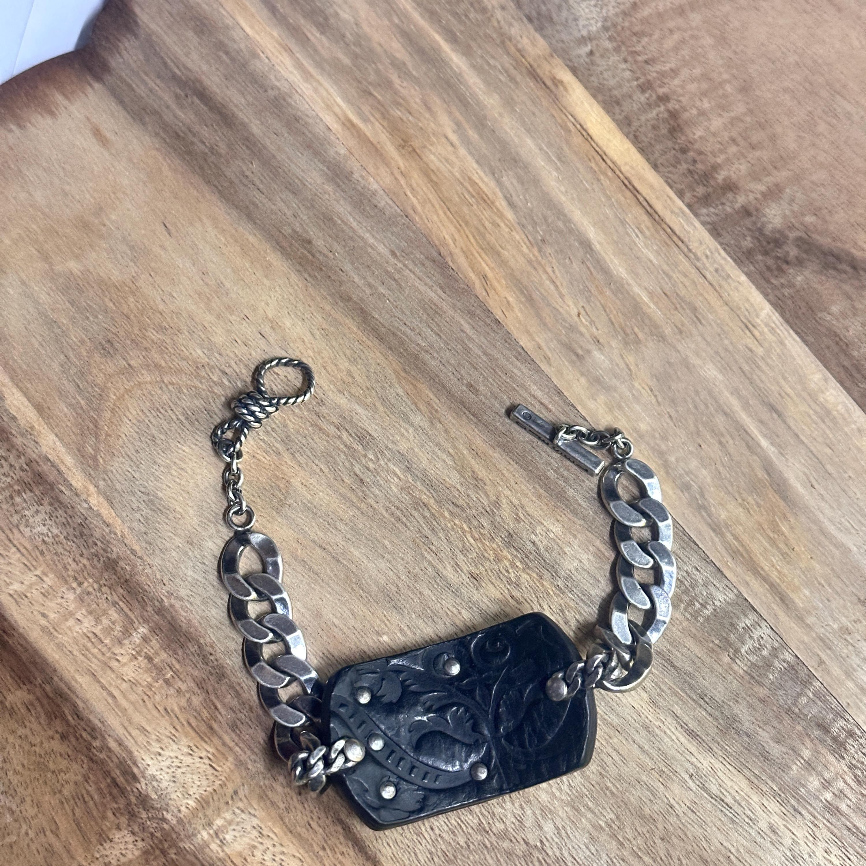 Vintage Rare Diesel Solid Silver Leather Curb Chain Bracelet Silver Wings Biker Grunge Gift
