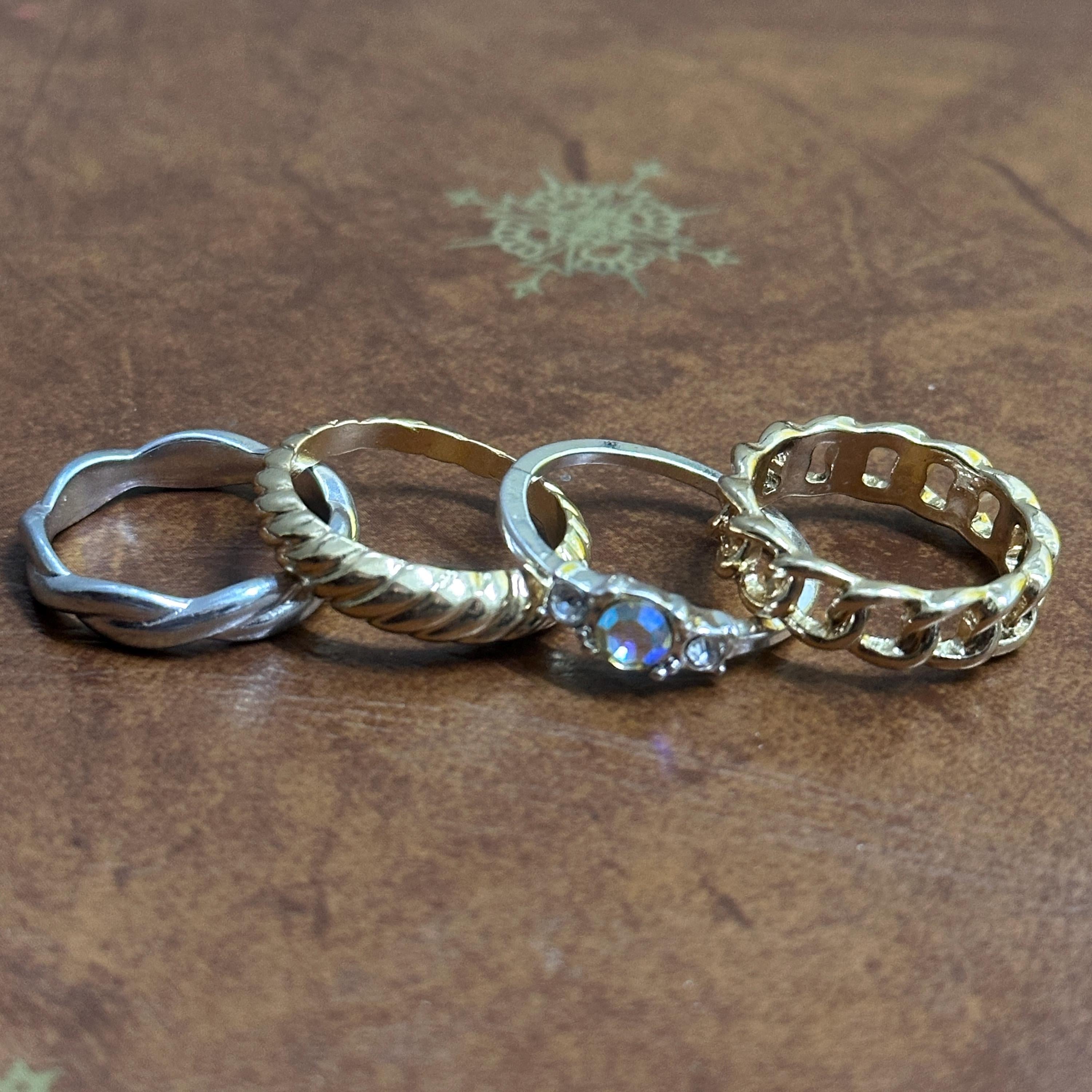 Vintage Classic Evening Stackable Ring Collection Silver/Gold Tone Ring Bundle 4 Pieces - Size S