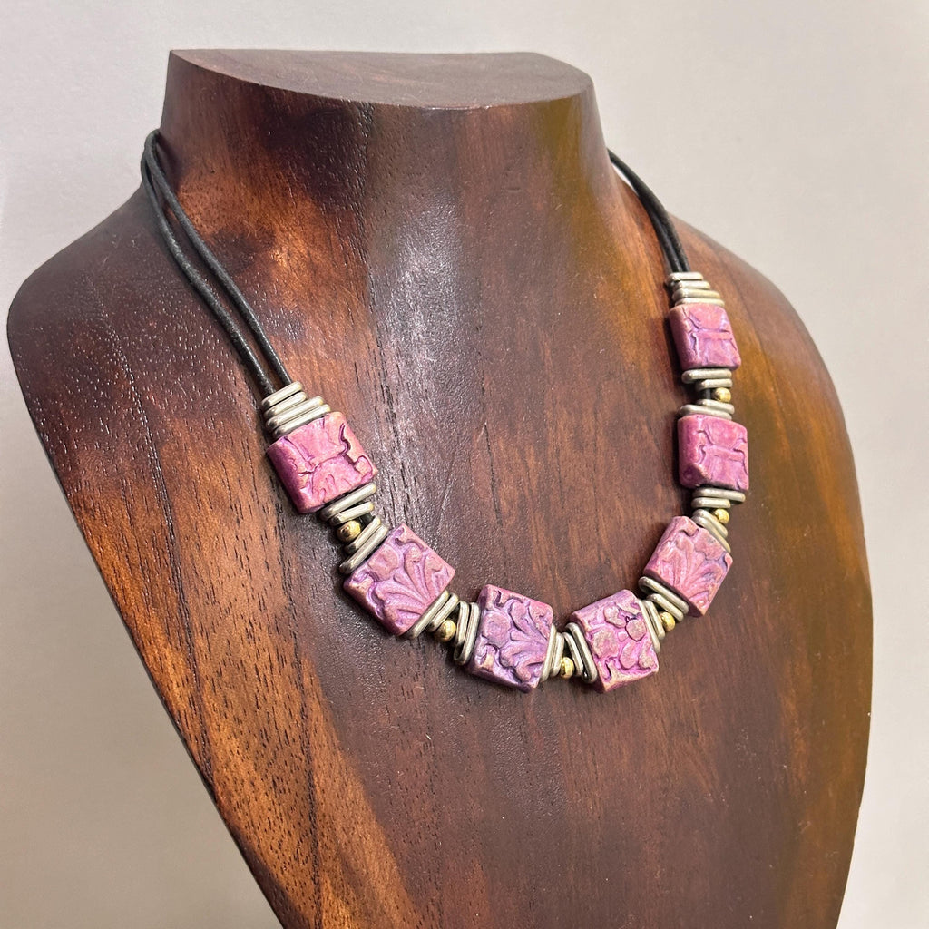 Vintage Unique Square Hand Painted Beaded Necklace Tribal Costume Jewellery