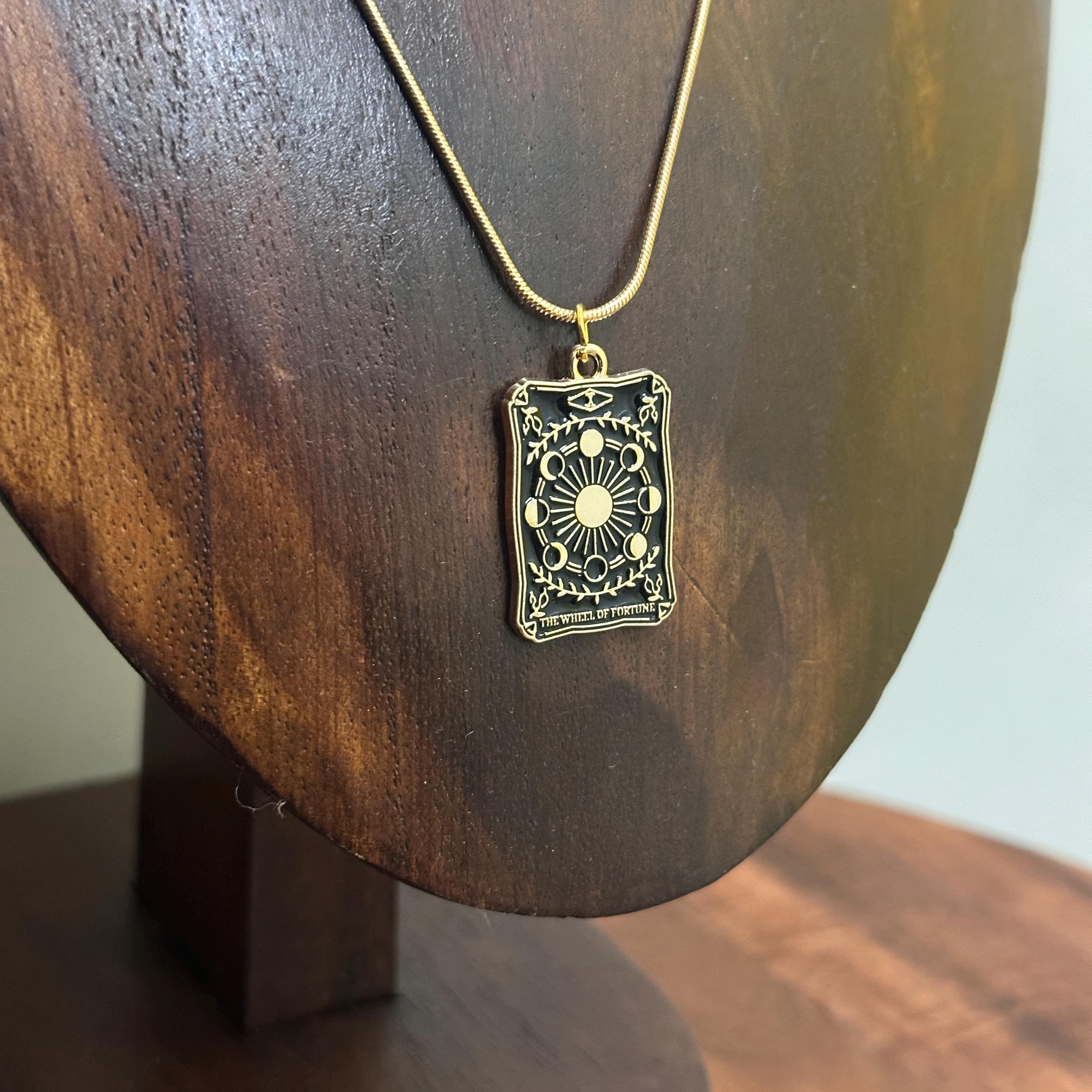 Retro The Wheels Of Fortune Tarot Card Pendant Necklace Gold Tone Snake Chain Lucky Gift