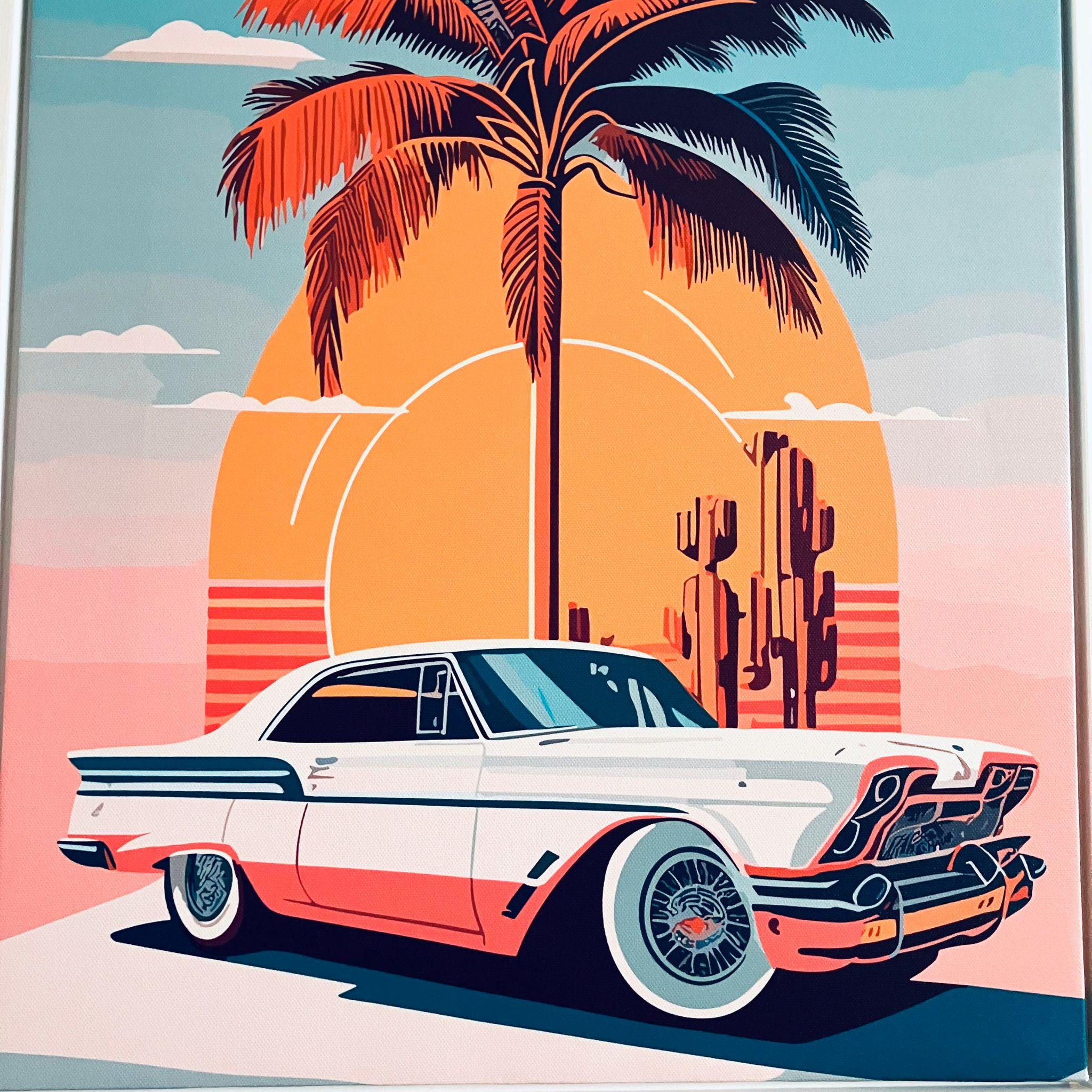 Framed Classic Retro Muscle Car Print Sunset Palm Scene California Gift 50cm