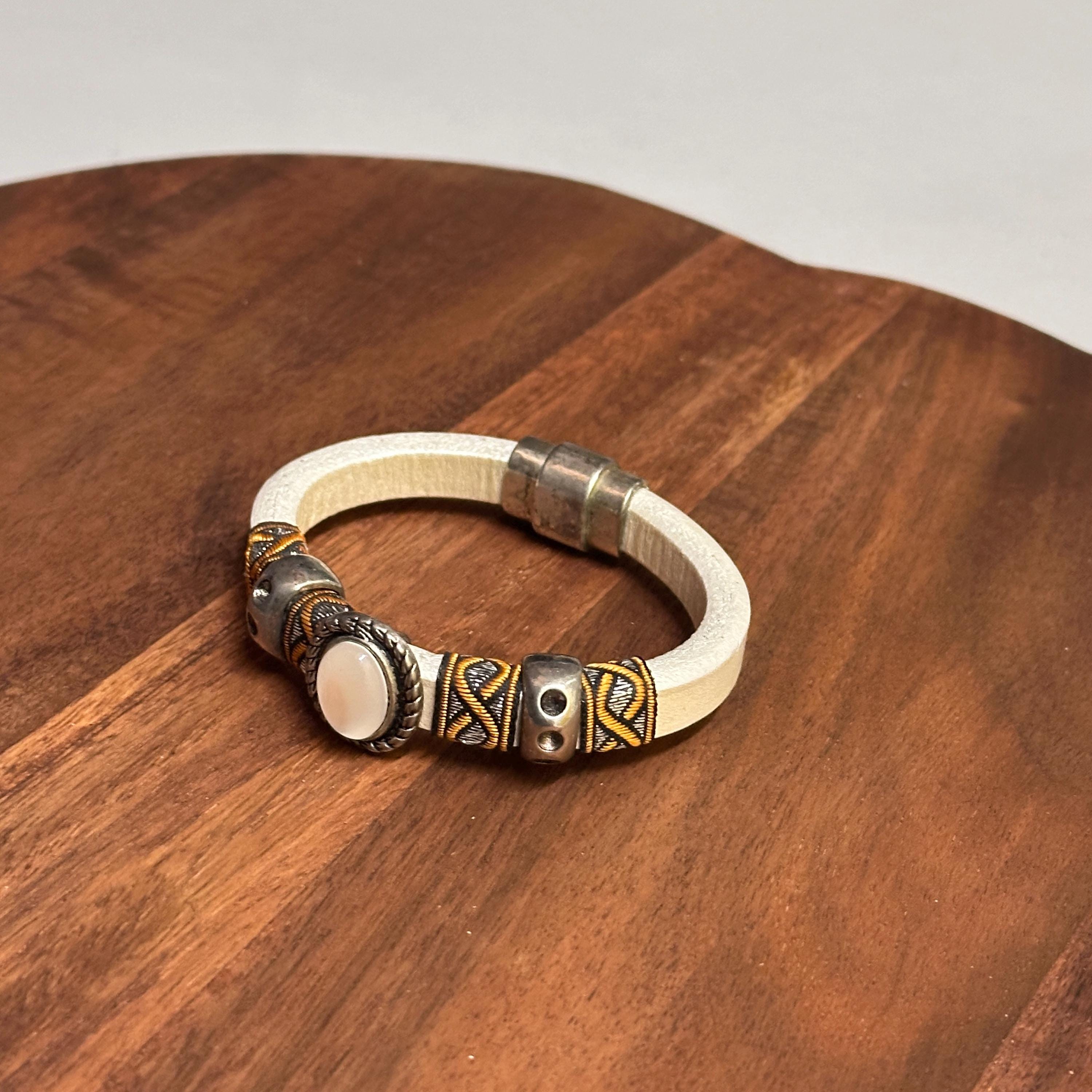 Vintage Unique Cream Tribal Gemstone Bangle Ethnic Hippie Boho Bracelet Gift