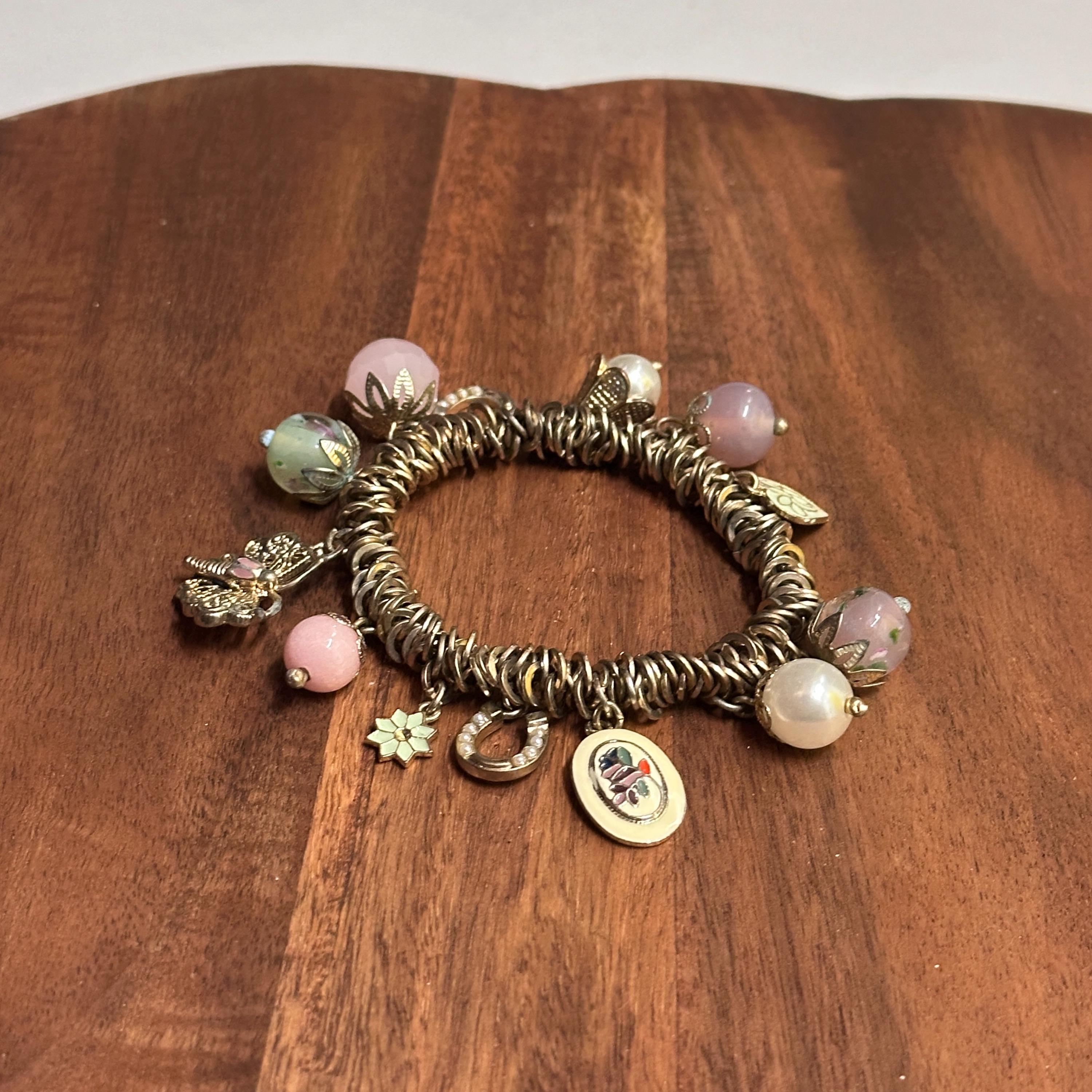 Vintage Pretty Pink/Green Gold Tone Charm Bracelet Unique Gift