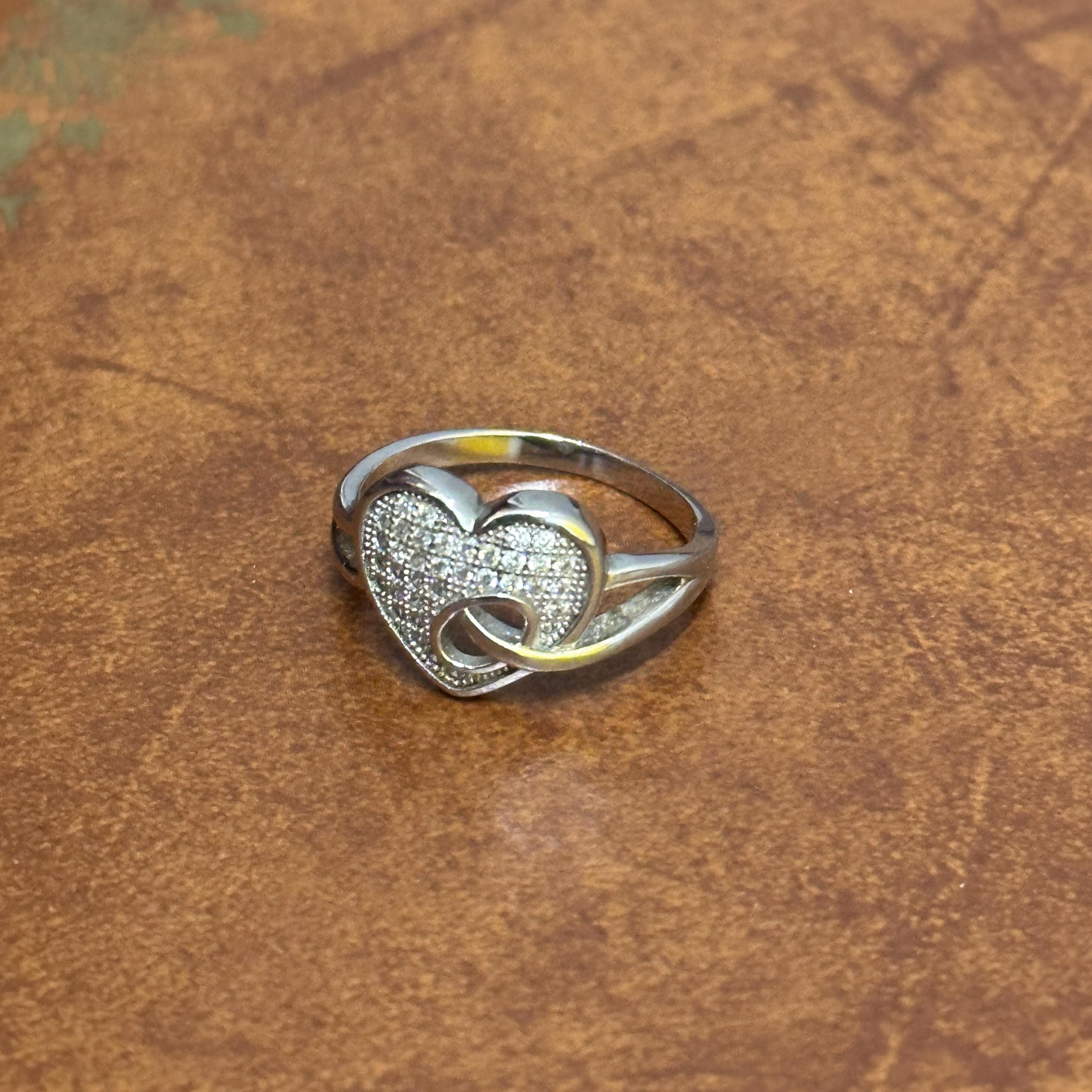 Vintage Unique 925 Silver Diamante Pierced Heart Ring - Size P 1/2