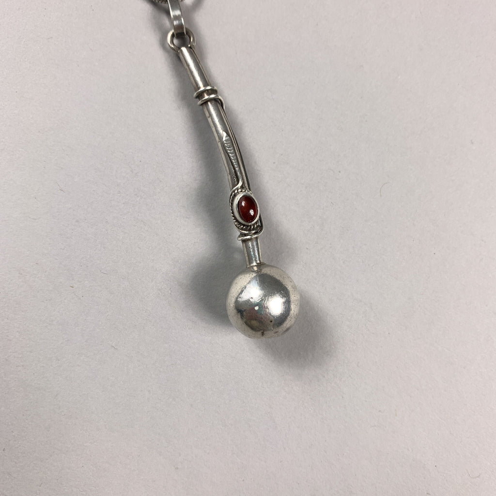 Vintage Unique Feather & Ball 925 Sterling Silver Long Garnet Pendant Necklace Boho Hippie Lucky Tri
