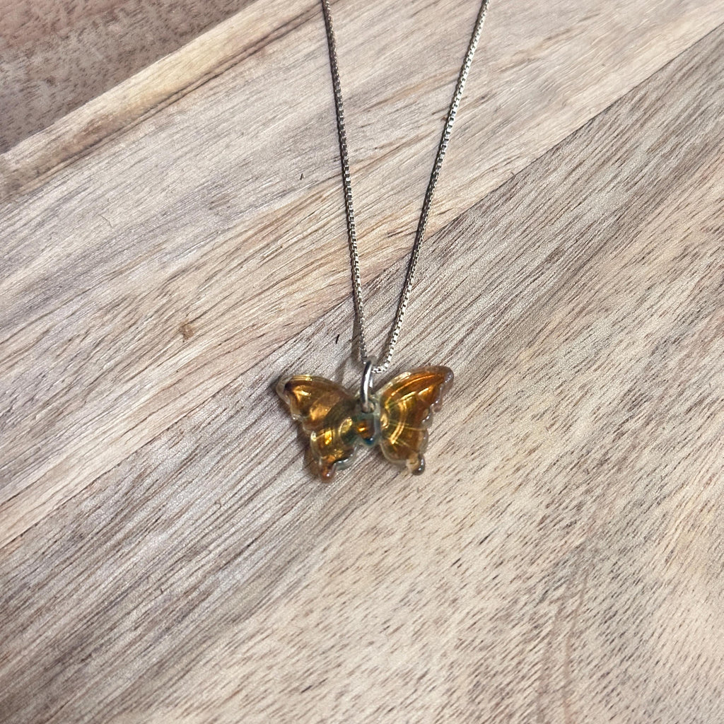 Vintage Unique Amber Butterfly Pendant Necklace 925 Silver Chain Gift