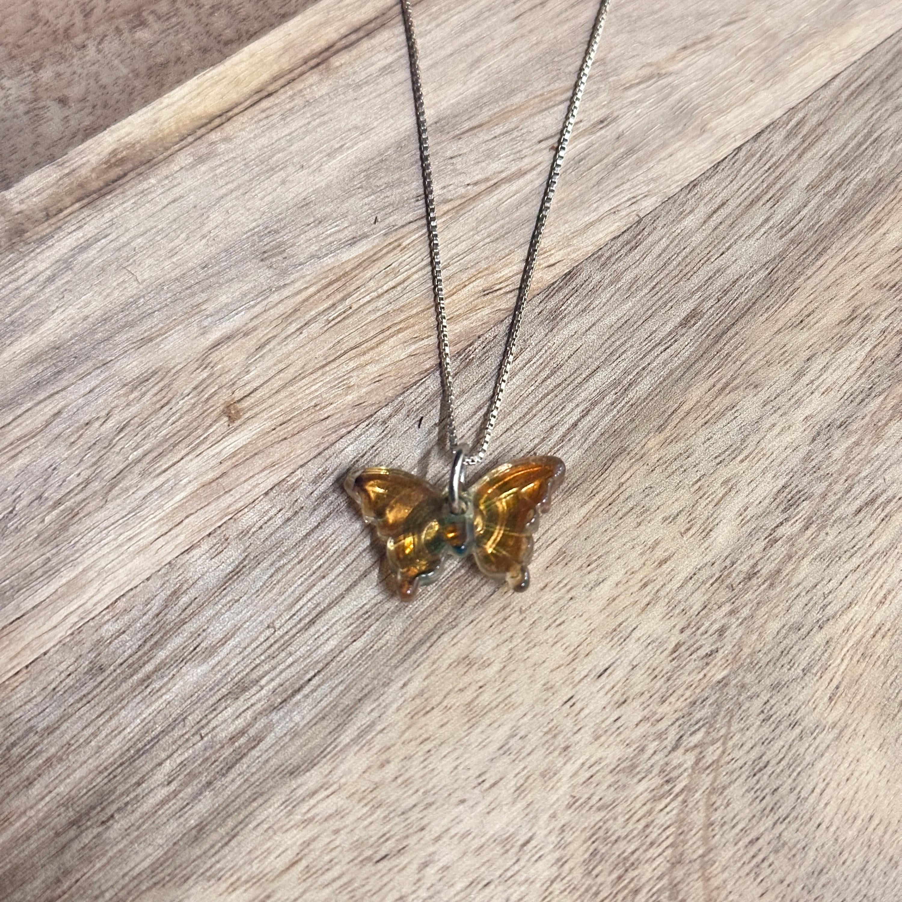 Vintage Unique Amber Butterfly Pendant Necklace 925 Silver Chain Gift