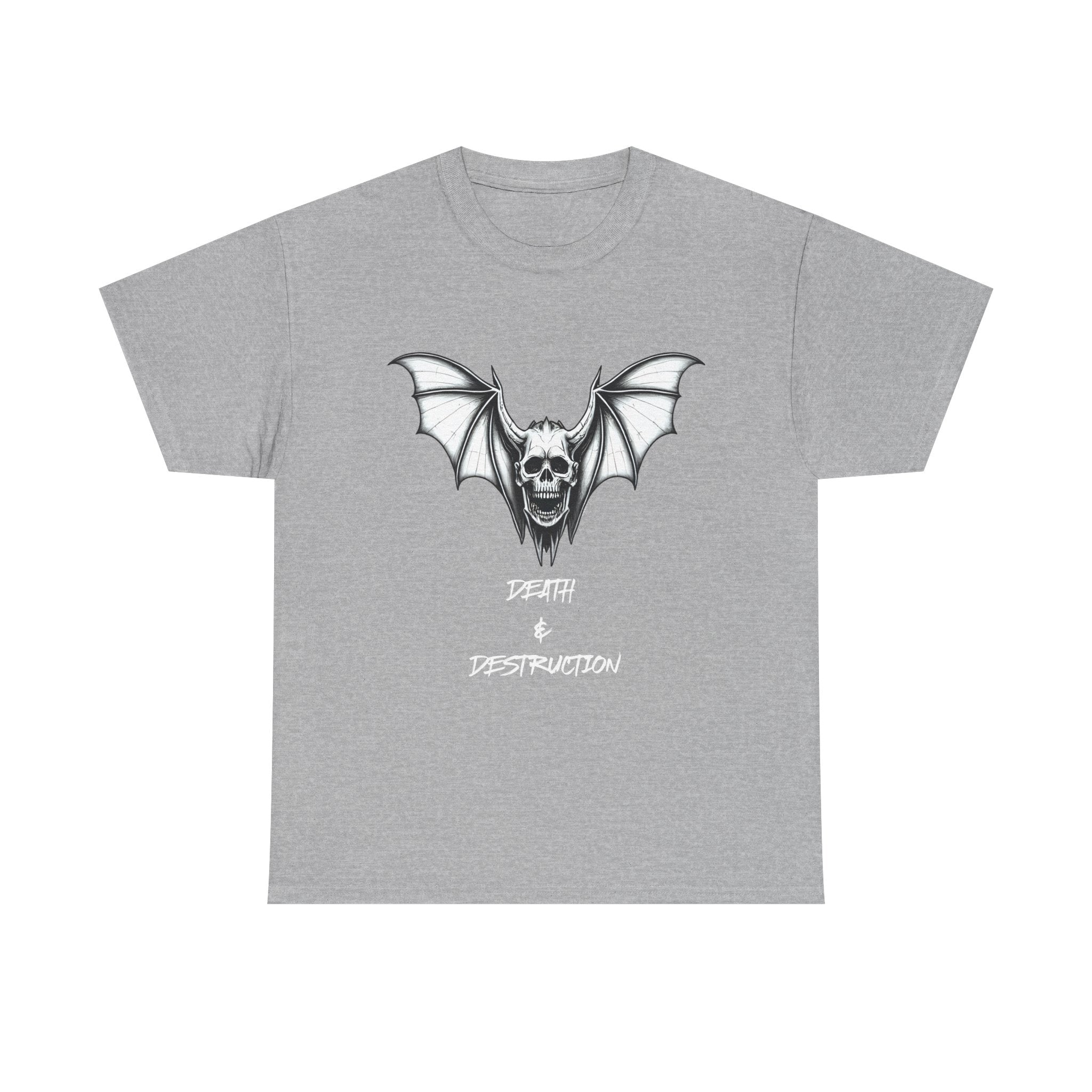 Death & Destruction Bat Skull Printed T-Shirt 100% Cotton Goth Biker Halloween Tee