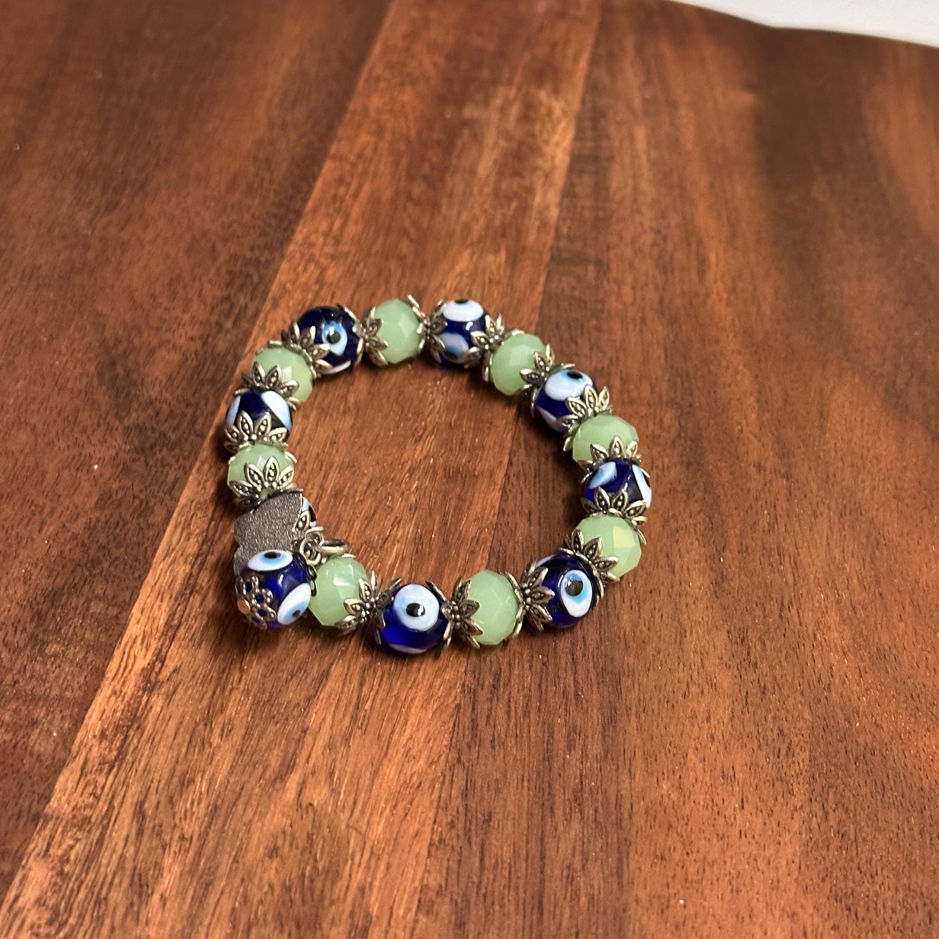 Vintage Blue Turkish Evil Eye Green Gemstone Beaded Bracelet Unique Gift