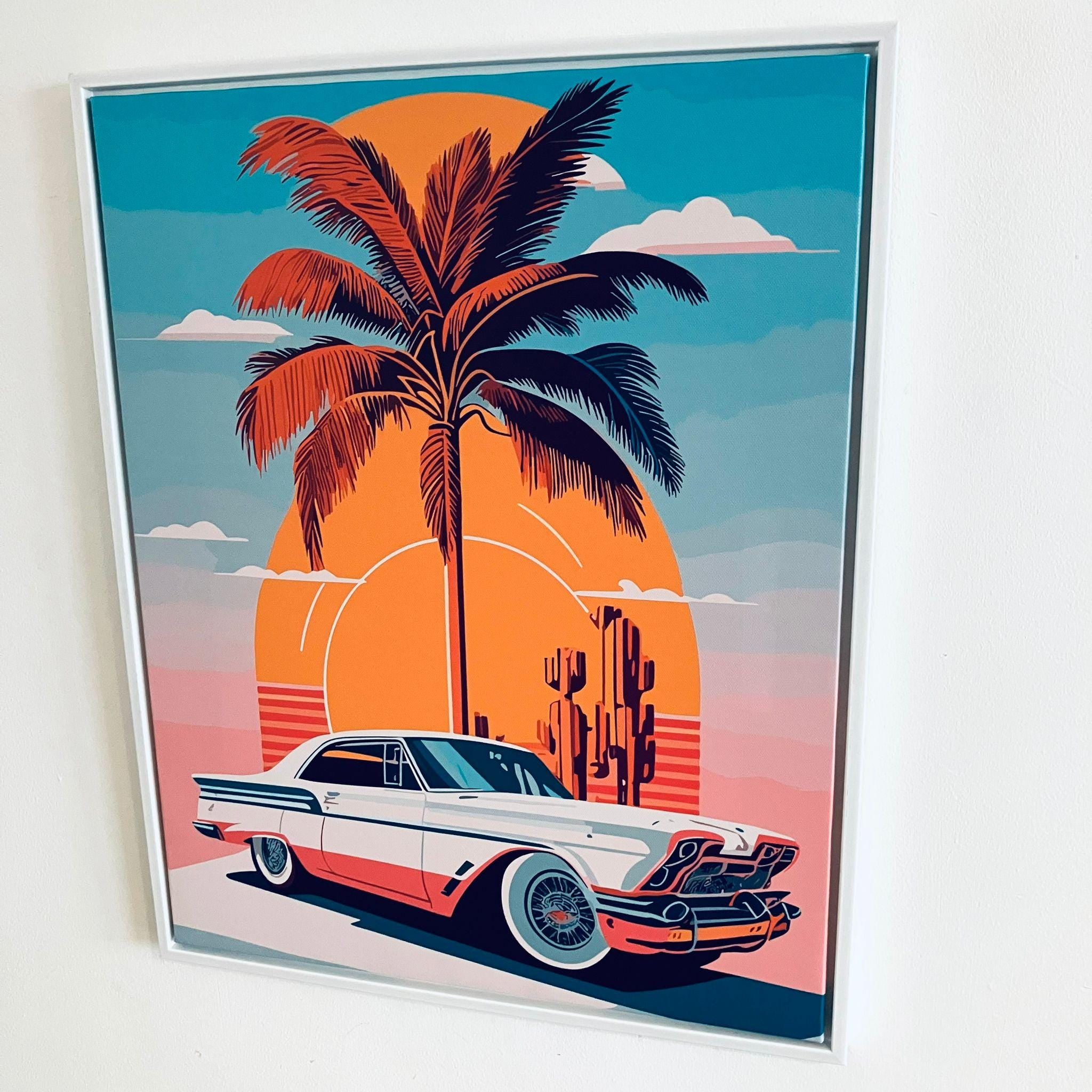 Framed Classic Retro Muscle Car Print Sunset Palm Scene California Gift 50cm
